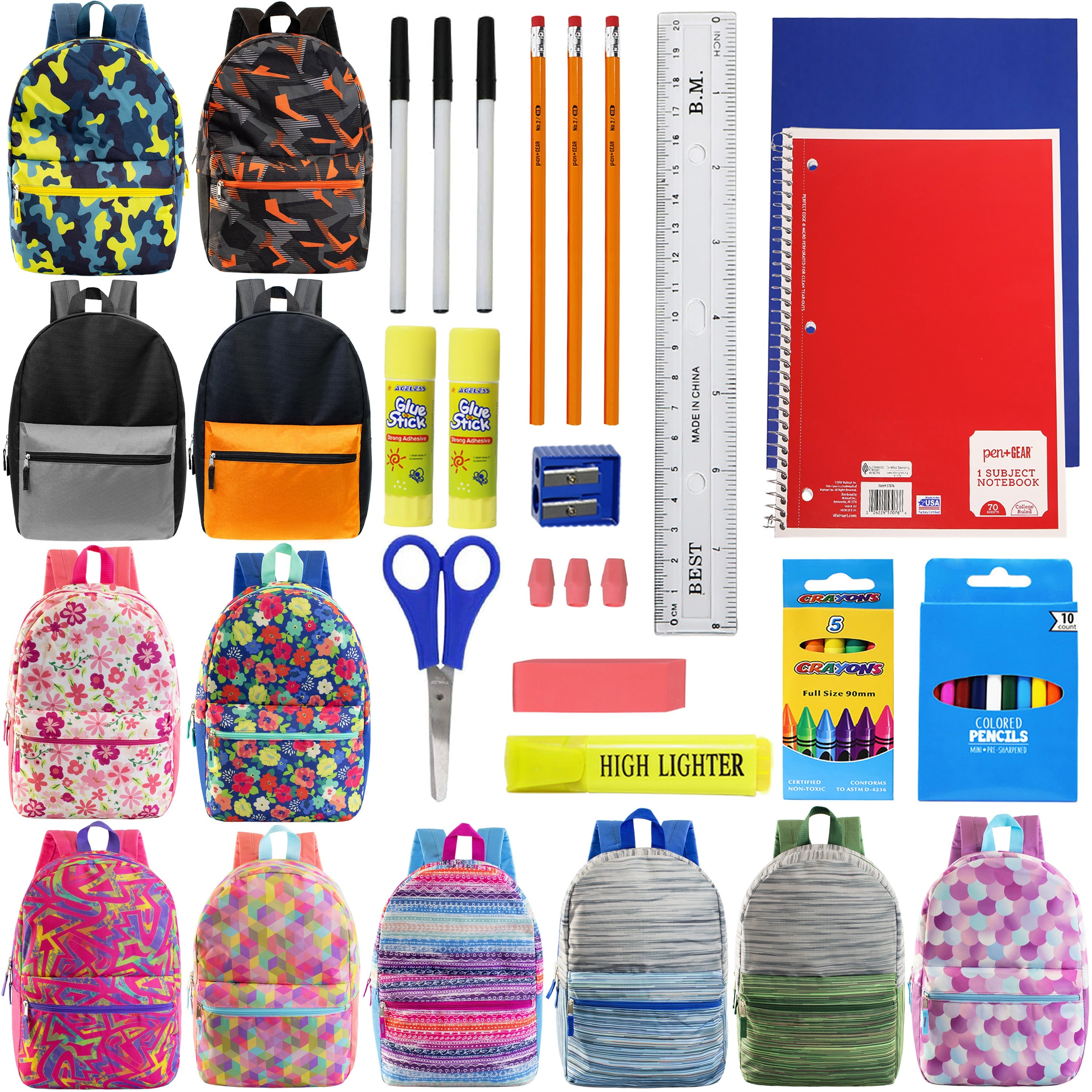 12 Wholesale 17" Backpacks in Assorted Designs & 12 Bulk School Supply Kits of Your Choice