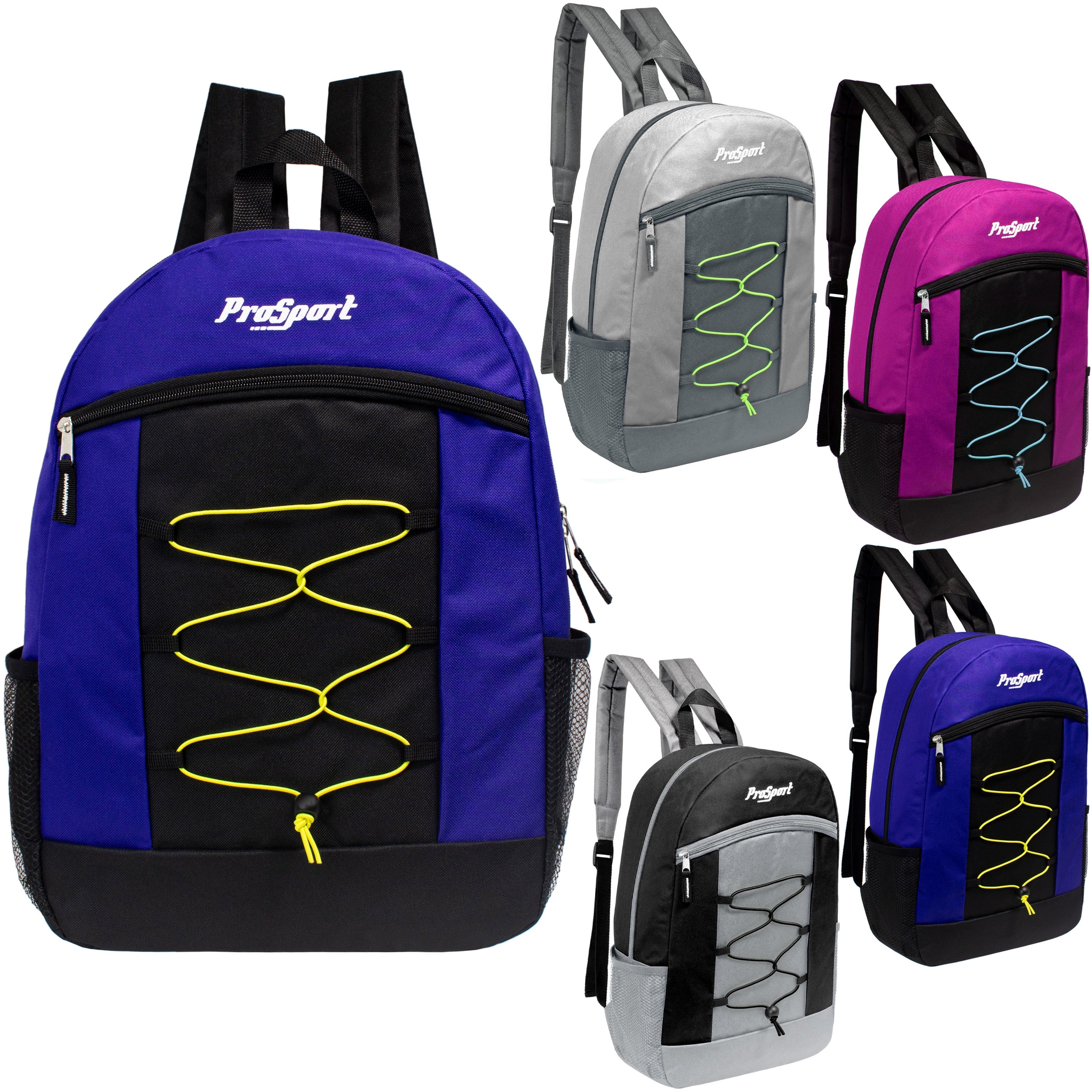 Wholesale 17" Bungee Backpack in 4 Assorted Colors - Bulk Case of 24 Bookbags