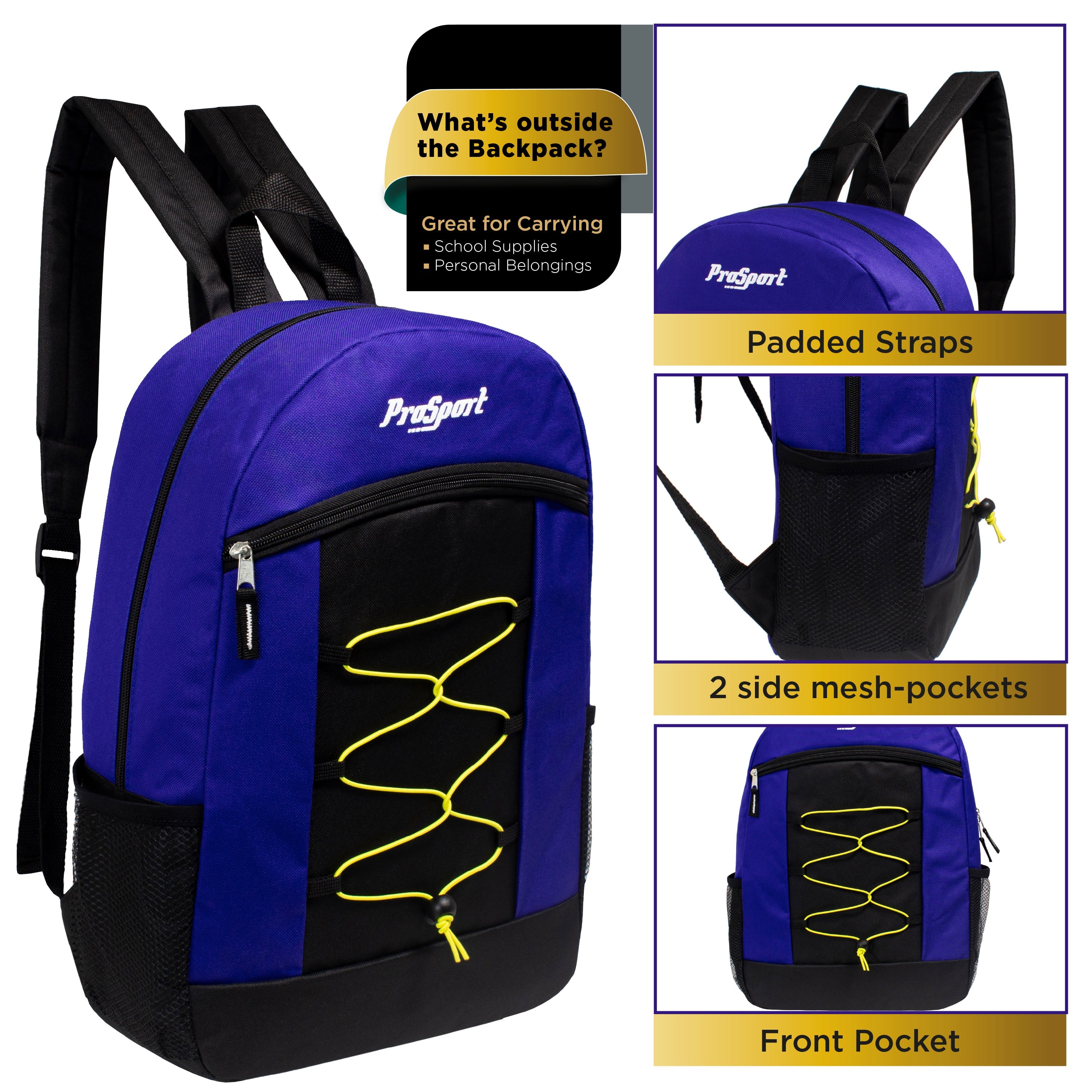 12 Multi-Color 17" Bungee Backpacks in 4 Color Combinations & Your Choice of 12 Bulk Hygiene Kits - Wholesale Care Package: Homeless, Emergency, Charity