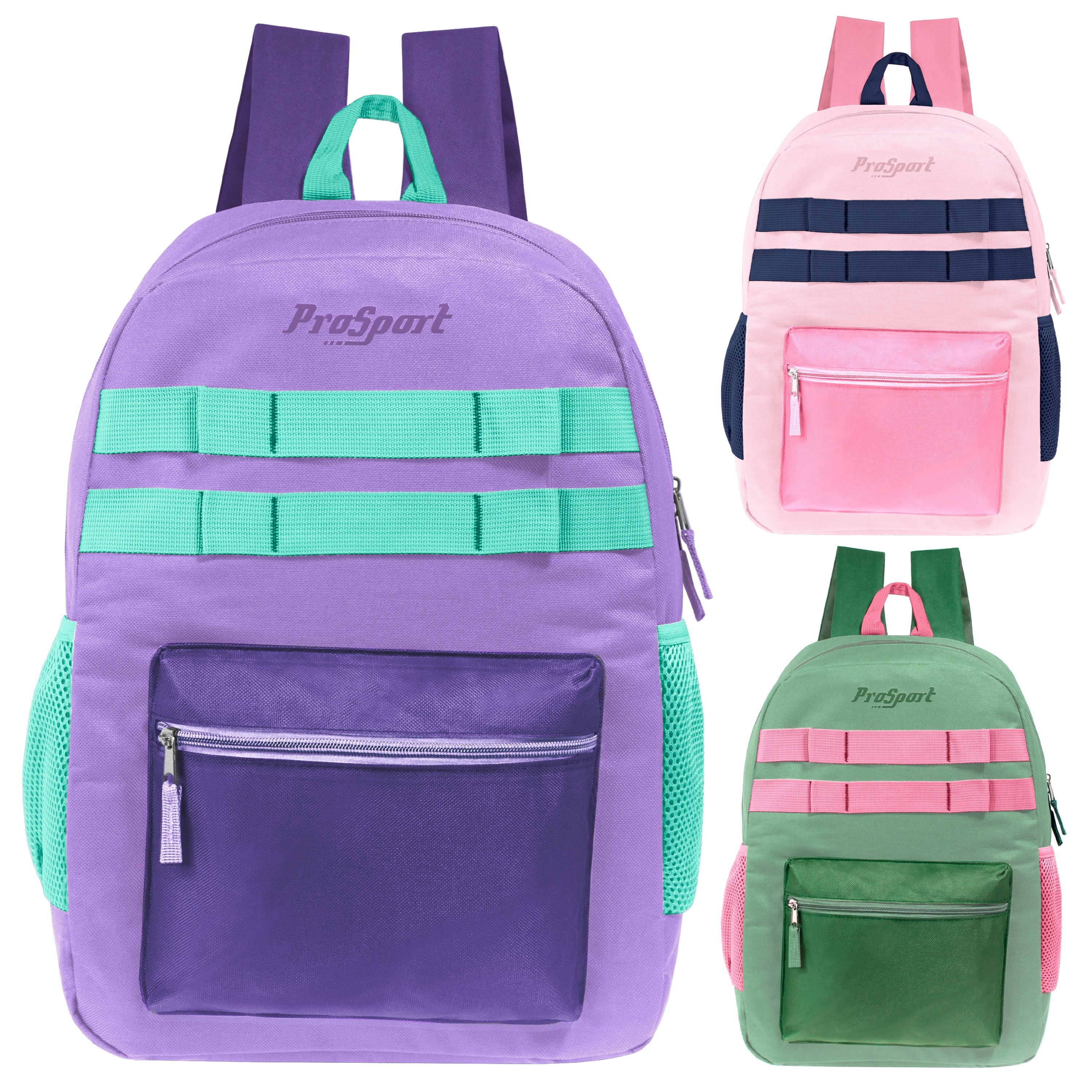 Wholesale 17" Multi Color Backpacks in 3 Assorted Colors - Bulk Case of 24 Bookbags