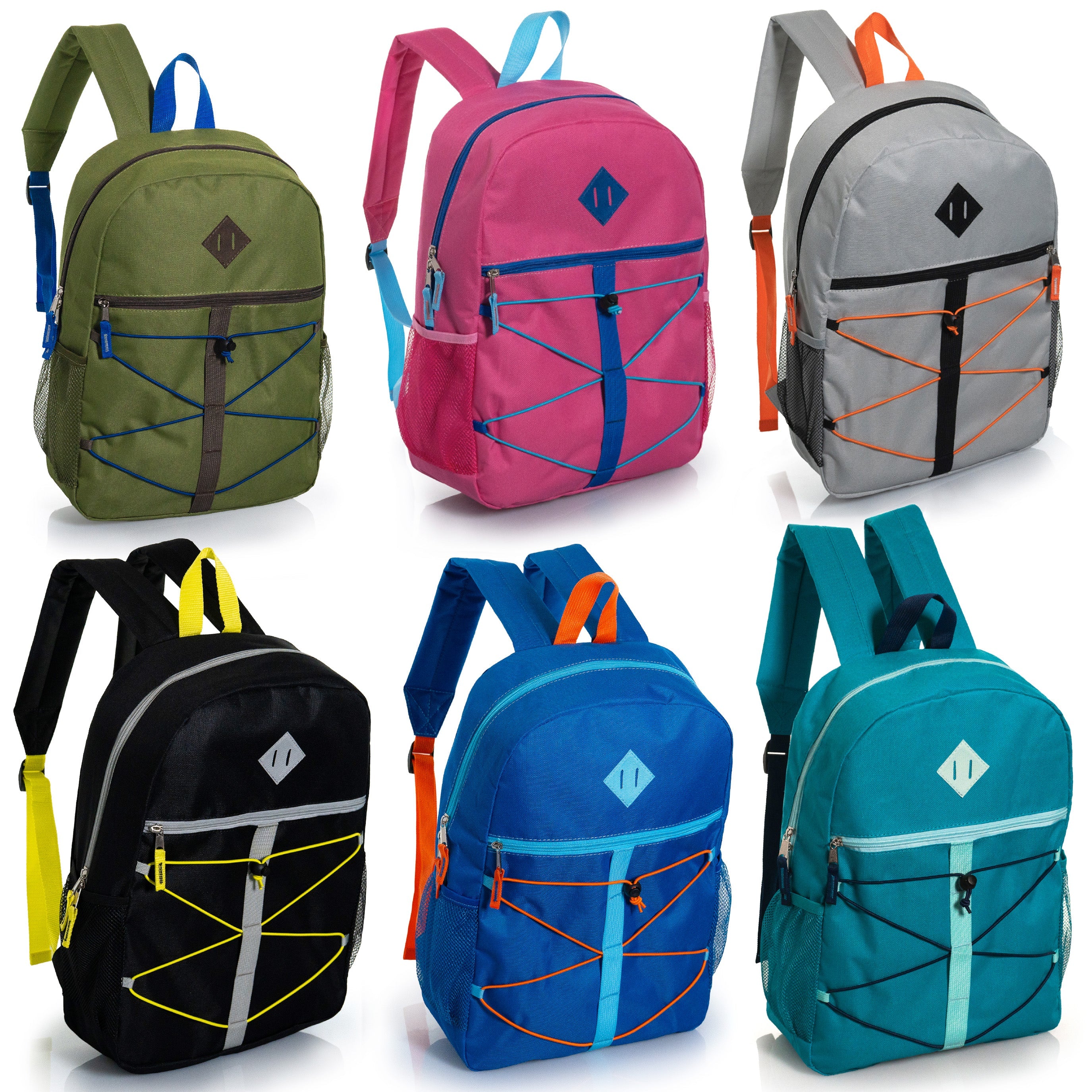 17" Wholesale Bungee Backpacks in 12 Assorted Colors & Prints - Bulk Case of 24 Bookbags