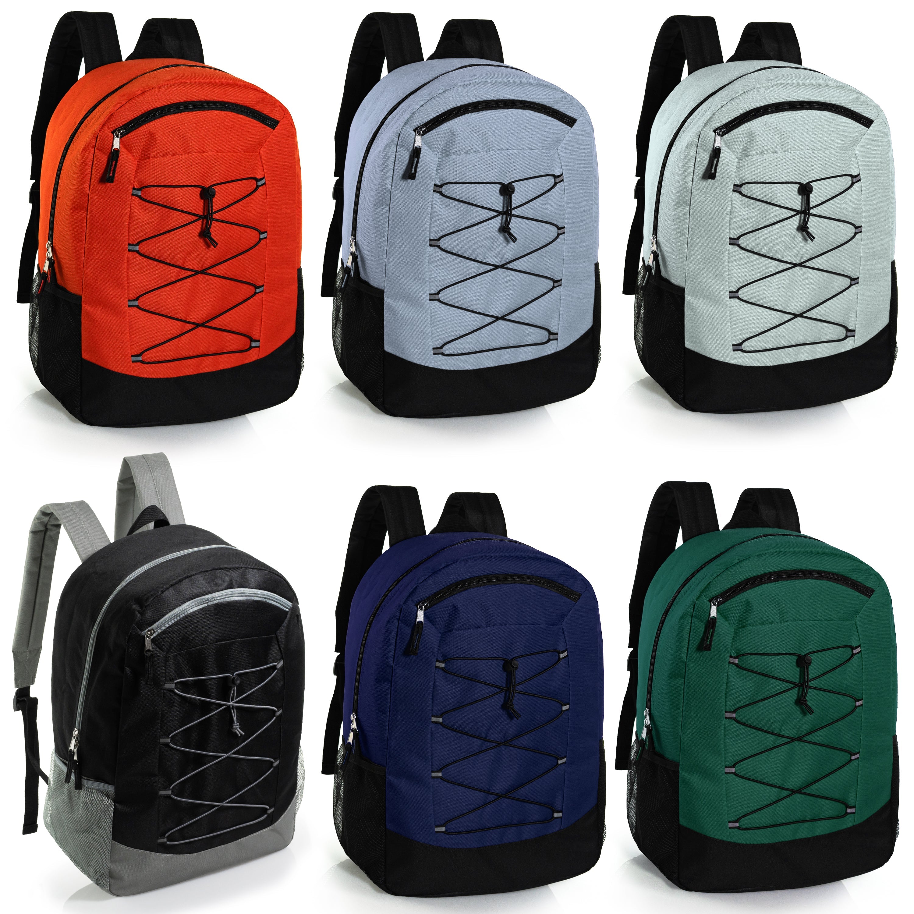 19" Wholesale Bungee Backpacks in 6 Colors | Dual Mesh Side Pockets - Bulk Case of 24 Bookbags