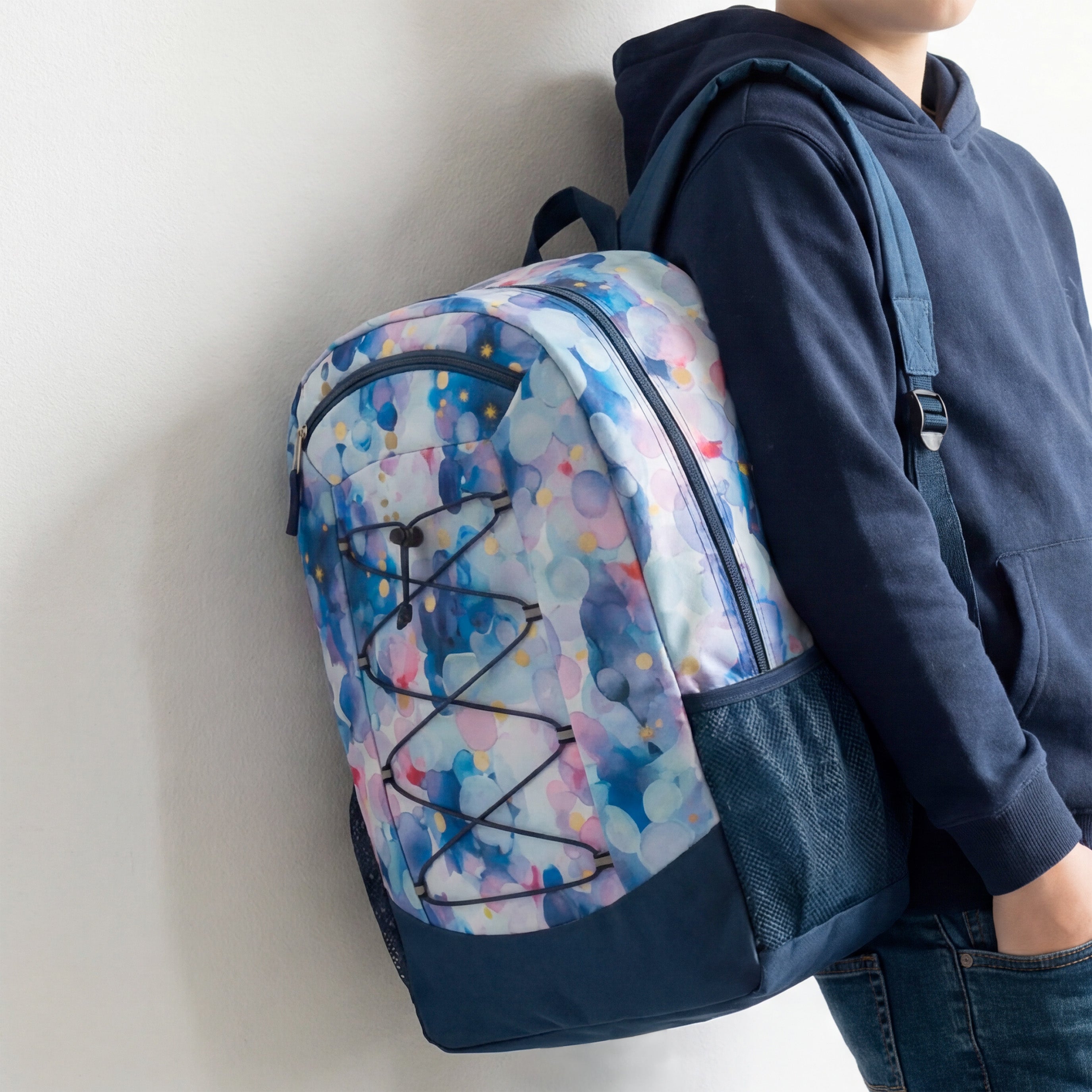 19" Wholesale Bungee Backpacks | 6 Prints & Colors | 2 Mesh Side Pockets - Bulk Case of 24