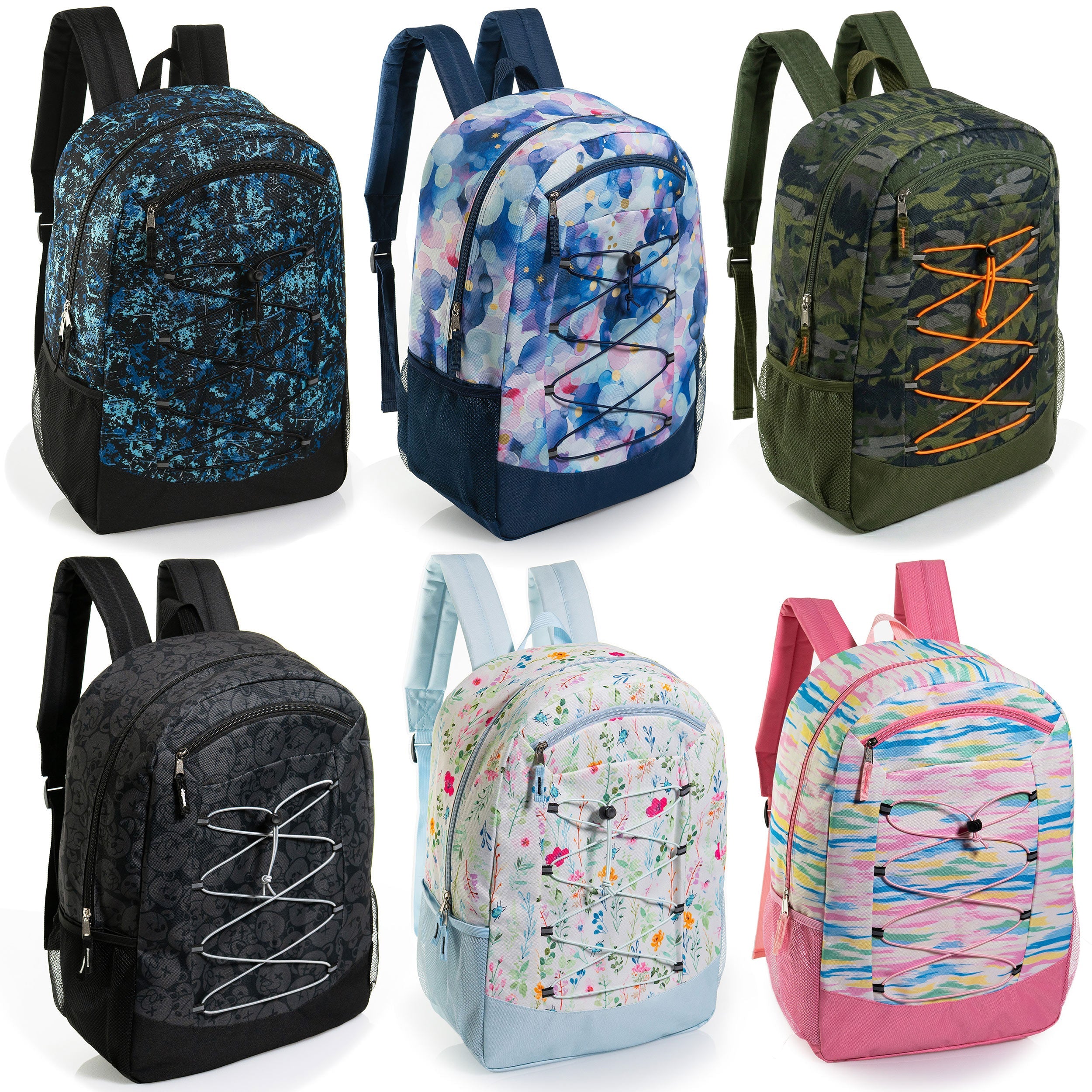12 Wholesale 19" Bungee Backpack in 6 Patterns & 12 Bulk School Supply Kits of Your Choice