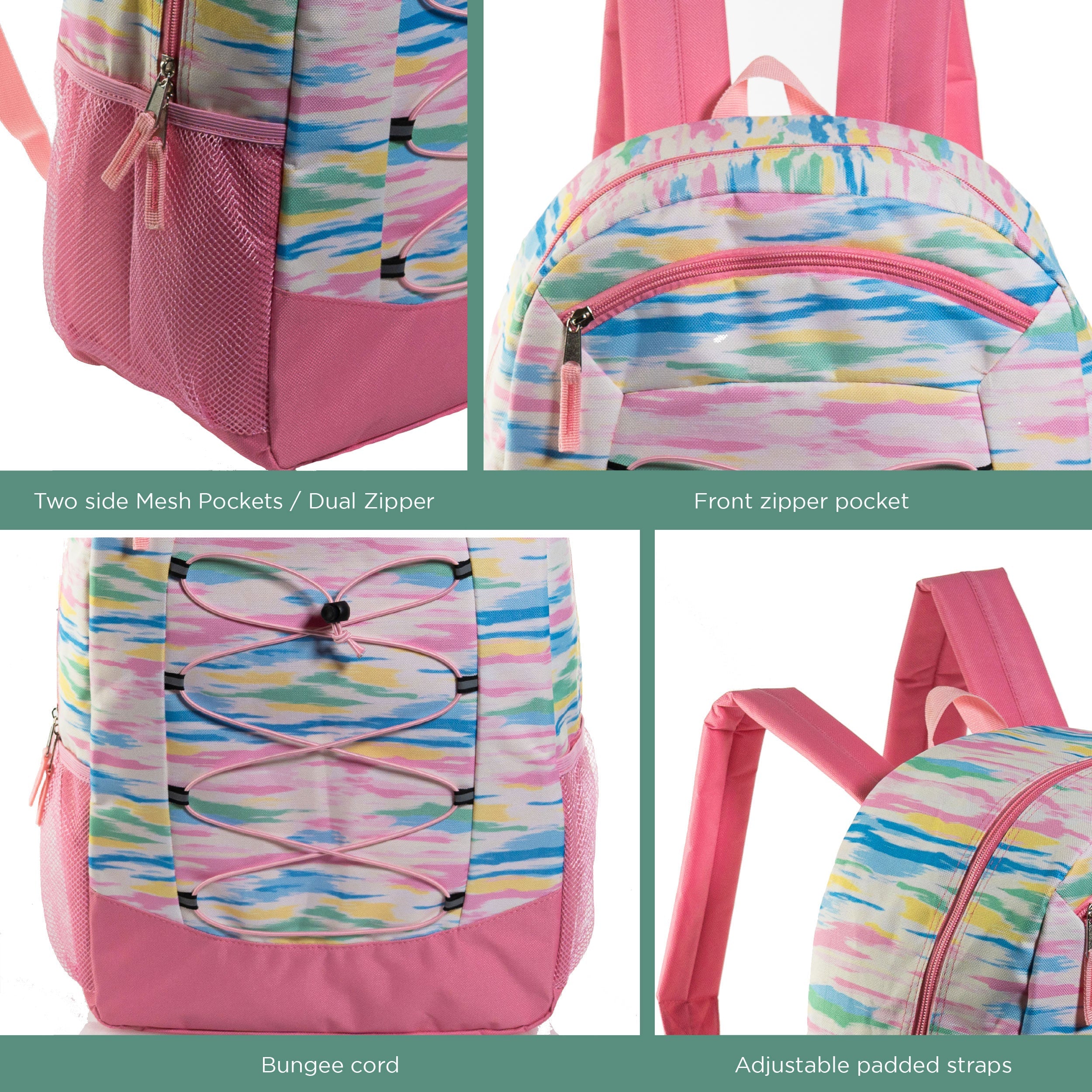 12 Wholesale 19" Bungee Backpack in 6 Patterns & 12 Bulk School Supply Kits of Your Choice
