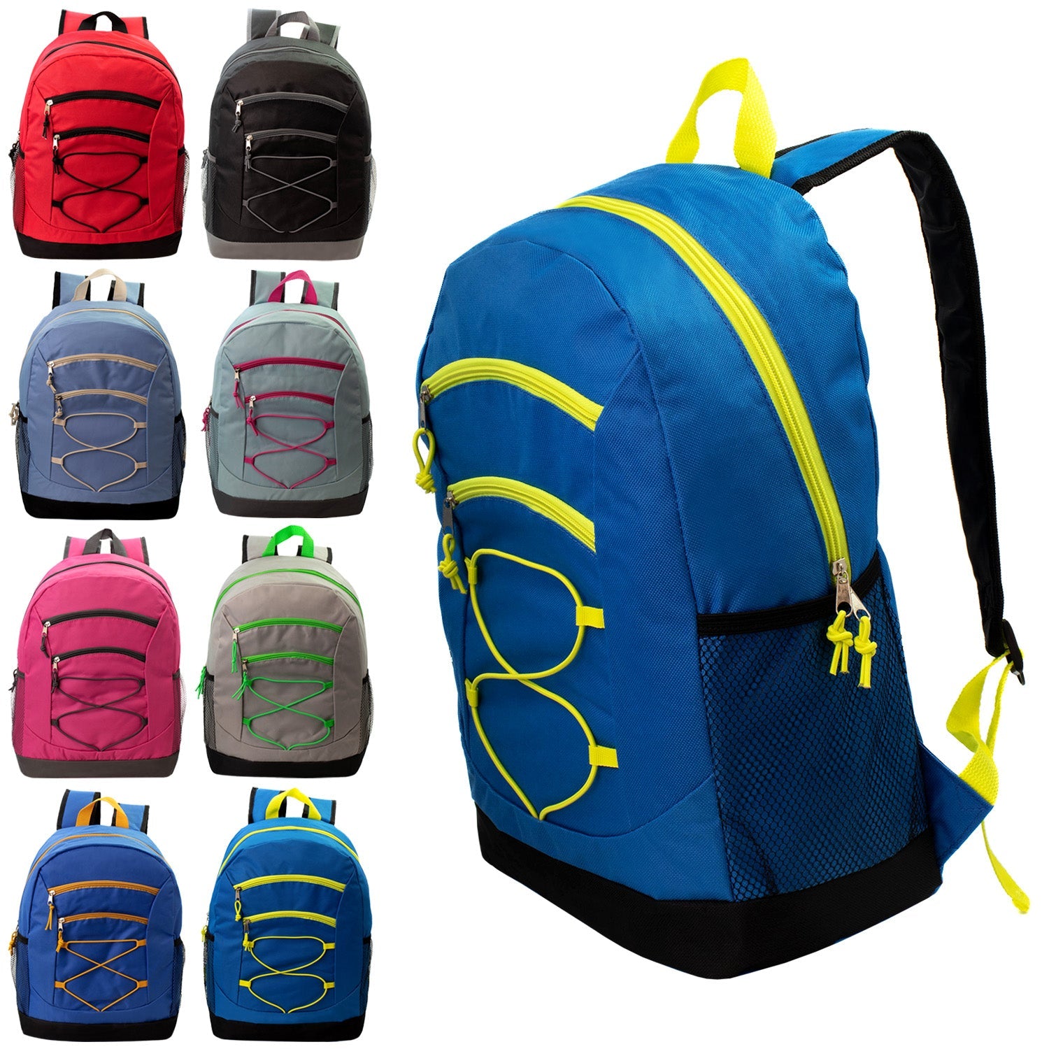 12 Bungee 17" Assorted Color Backpacks & Your Choice of 12 Winter Item Sets - Wholesale Care Package: Homeless, Emergency, Charity