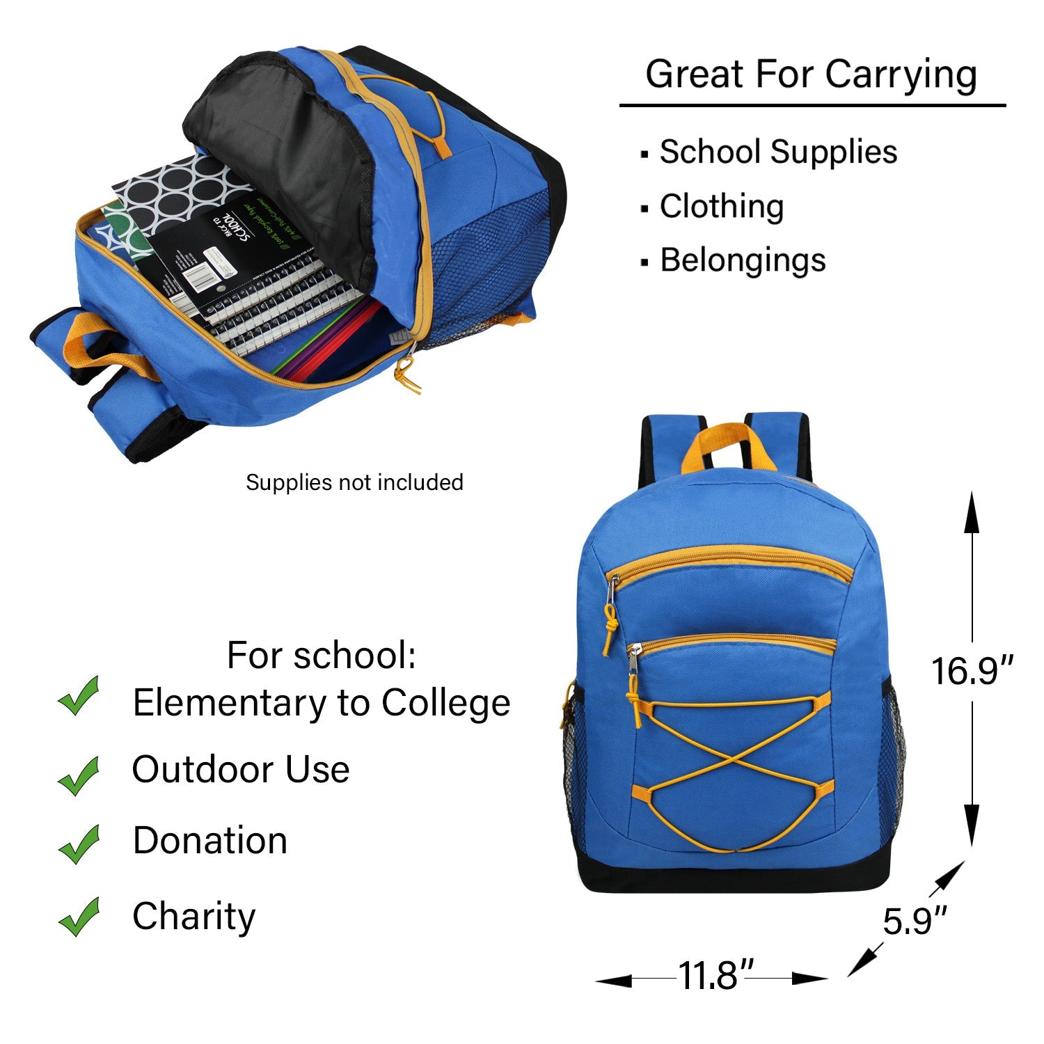 12 Bungee 17" Assorted Color Backpacks & Your Choice of 12 Winter Item Sets - Wholesale Care Package: Homeless, Emergency, Charity