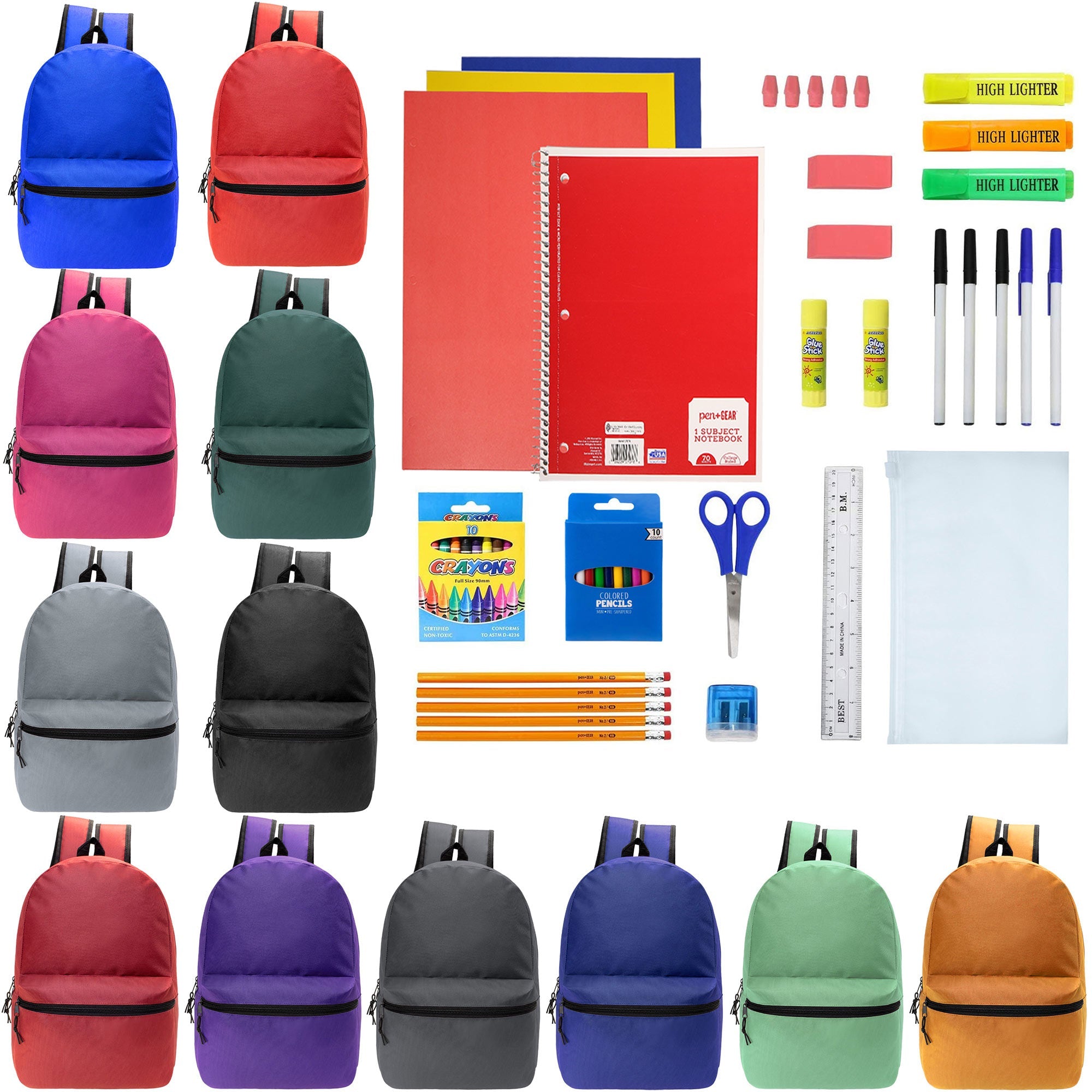 12 Wholesale Blank 18.5" Backpacks in 12 Assorted Colors and 12 Bulk School Supply Kits of Your Choice