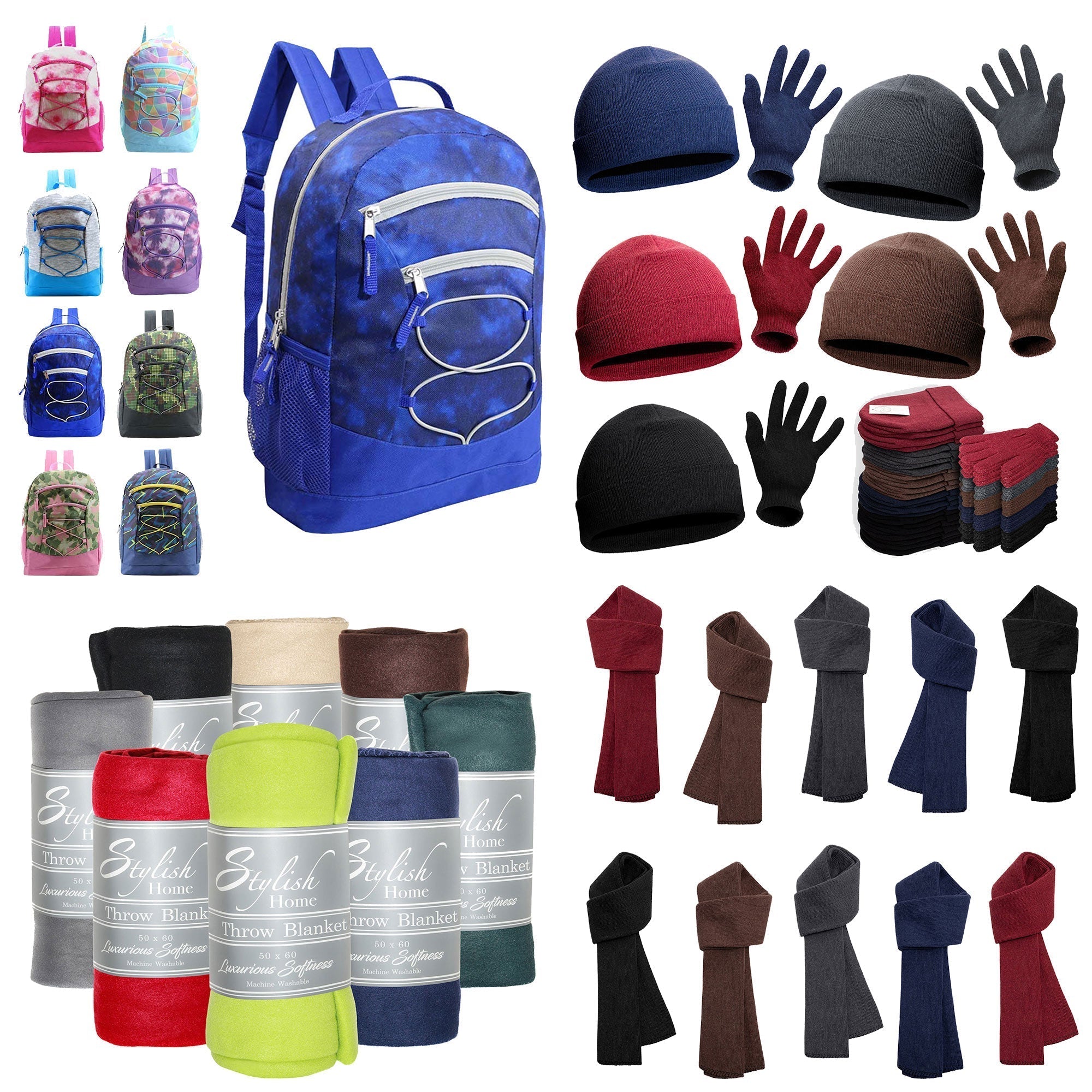 12 Bungee 17" Premium Backpacks & Your Choice of 12 Winter Item Sets - Wholesale Care Package: Homeless, Emergency, Charity