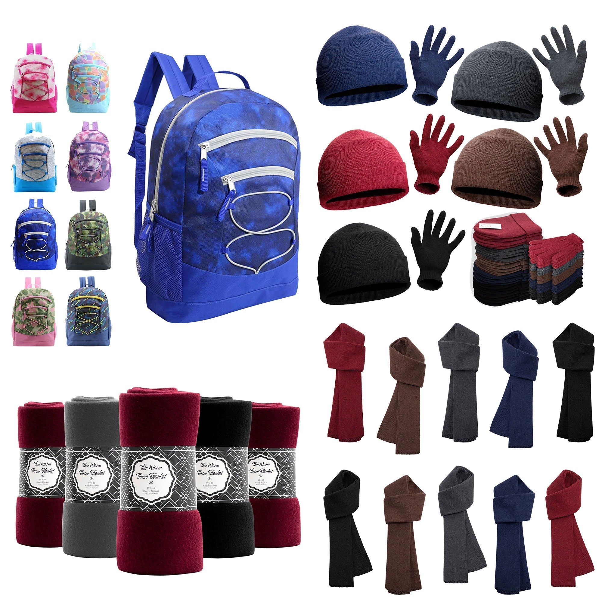 12 Bungee 17" Premium Backpacks & Your Choice of 12 Winter Item Sets - Wholesale Care Package: Homeless, Emergency, Charity