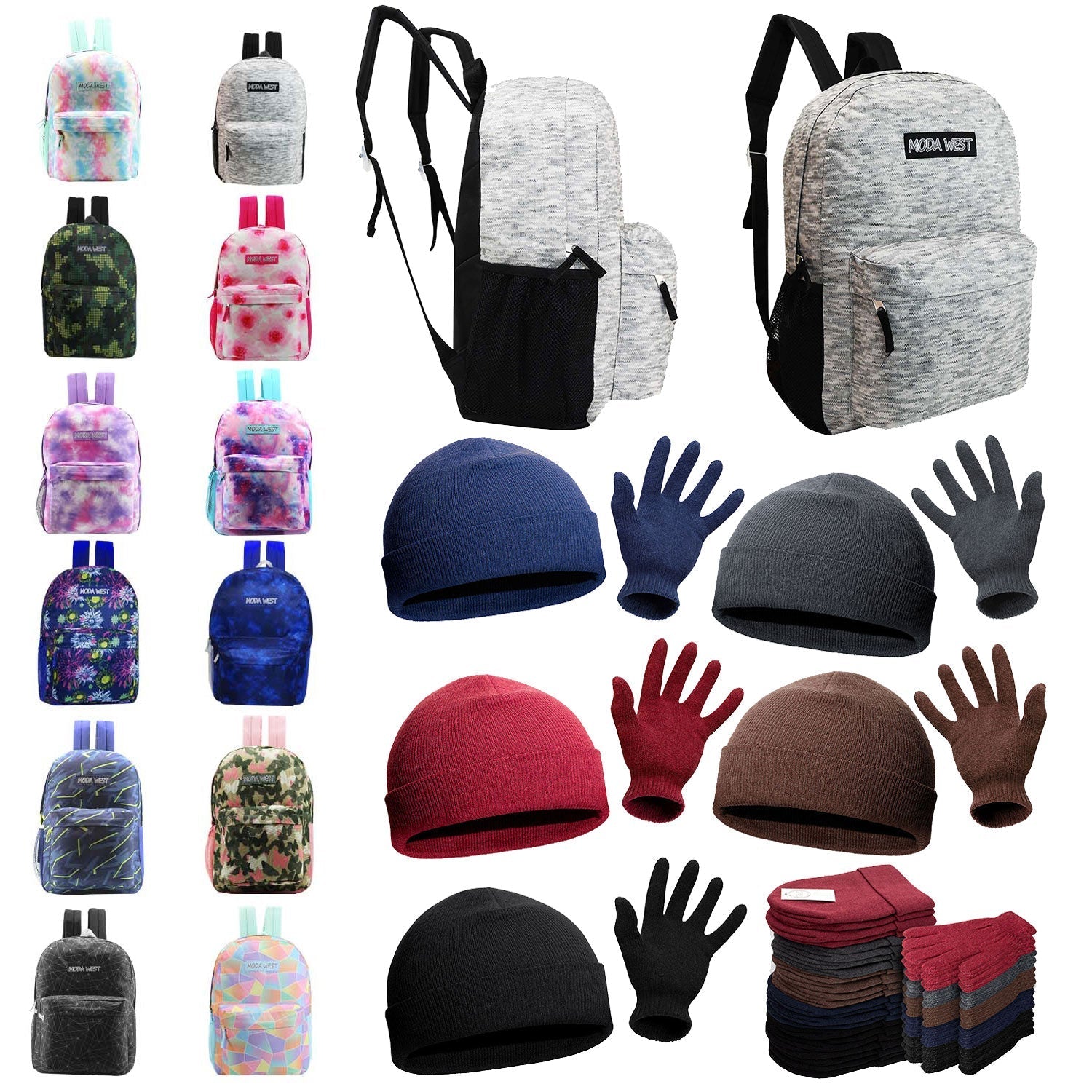 12 Printed 17" Backpacks & Your Choice of 12 Winter Item Sets - Wholesale Care Package: Homeless, Emergency, Charity