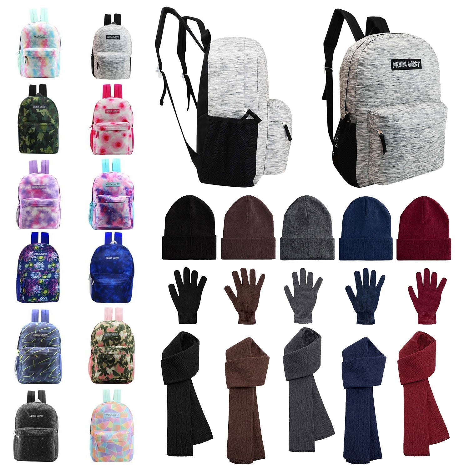 12 Printed 17" Backpacks & Your Choice of 12 Winter Item Sets - Wholesale Care Package: Homeless, Emergency, Charity