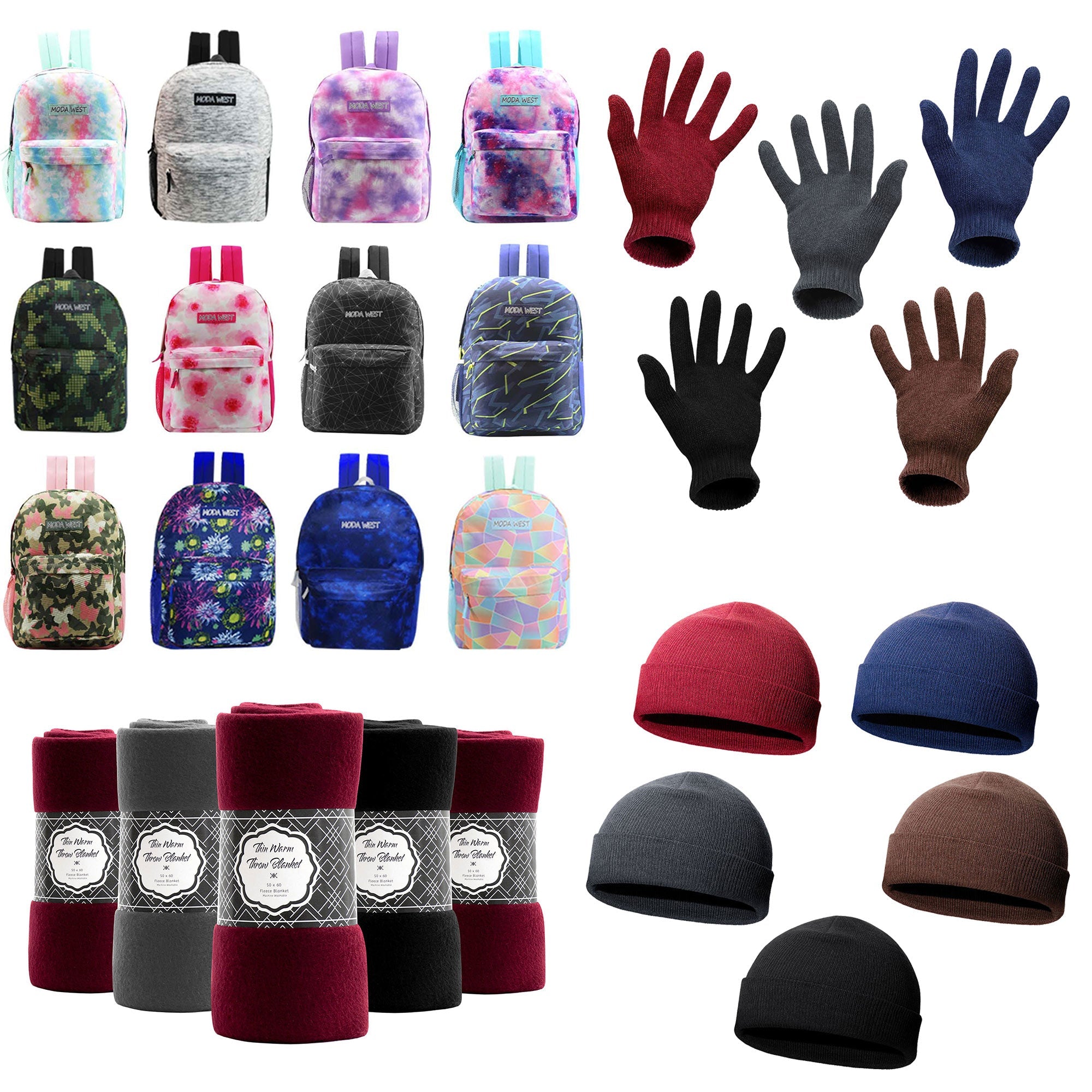 12 Printed 17" Backpacks & Your Choice of 12 Winter Item Sets - Wholesale Care Package: Homeless, Emergency, Charity