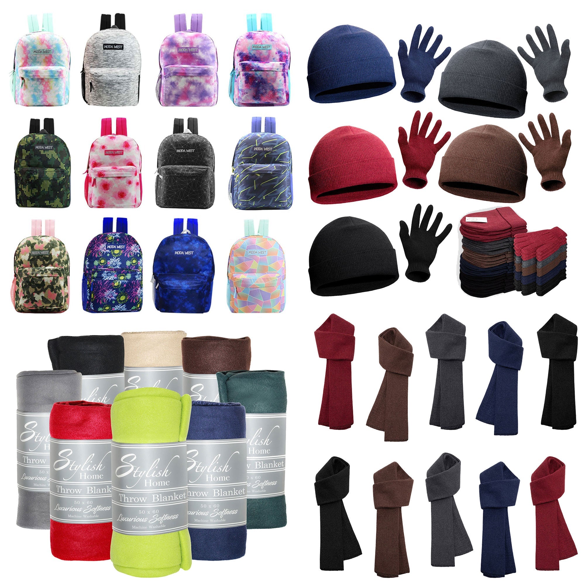 12 Printed 17" Backpacks & Your Choice of 12 Winter Item Sets - Wholesale Care Package: Homeless, Emergency, Charity