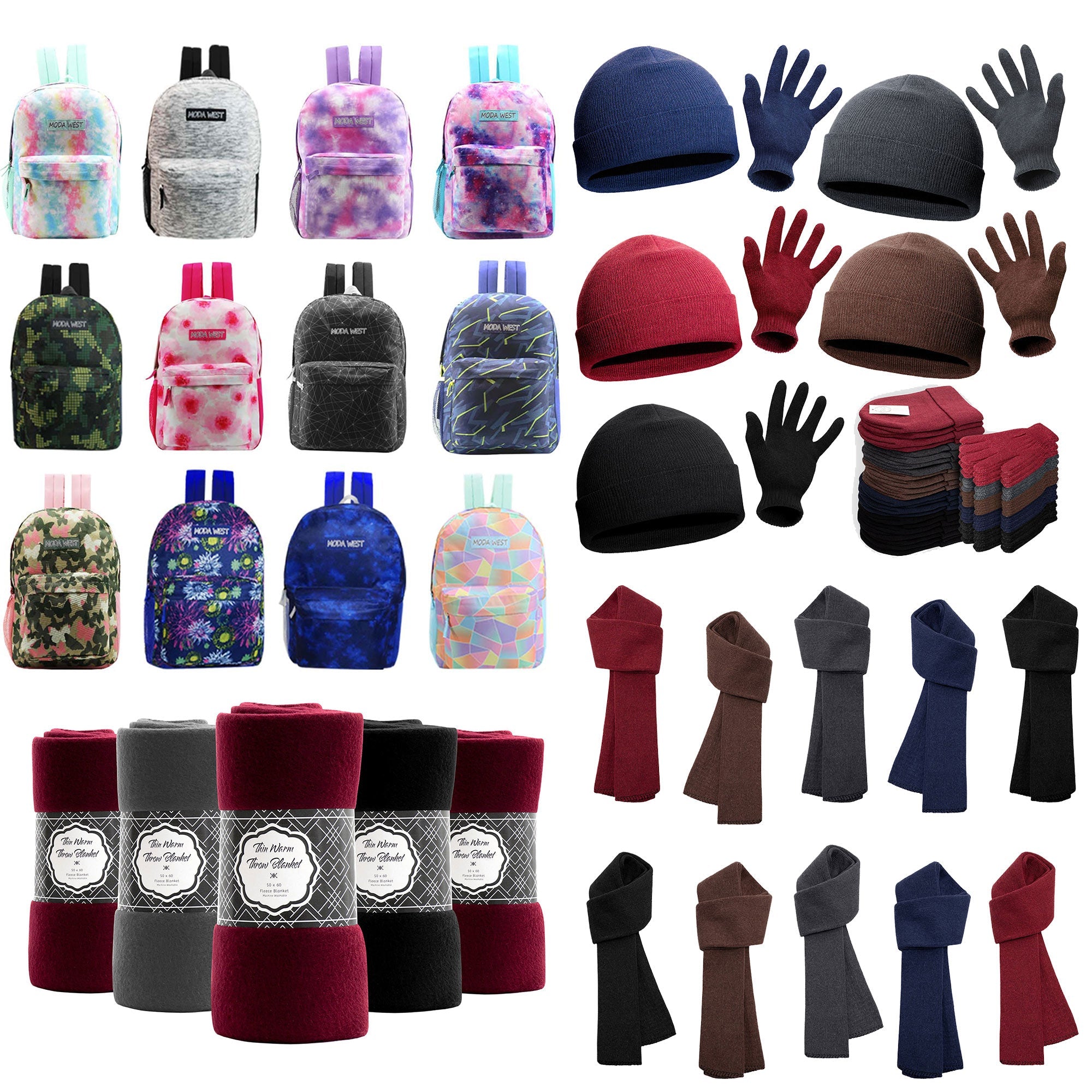 12 Printed 17" Backpacks & Your Choice of 12 Winter Item Sets - Wholesale Care Package: Homeless, Emergency, Charity