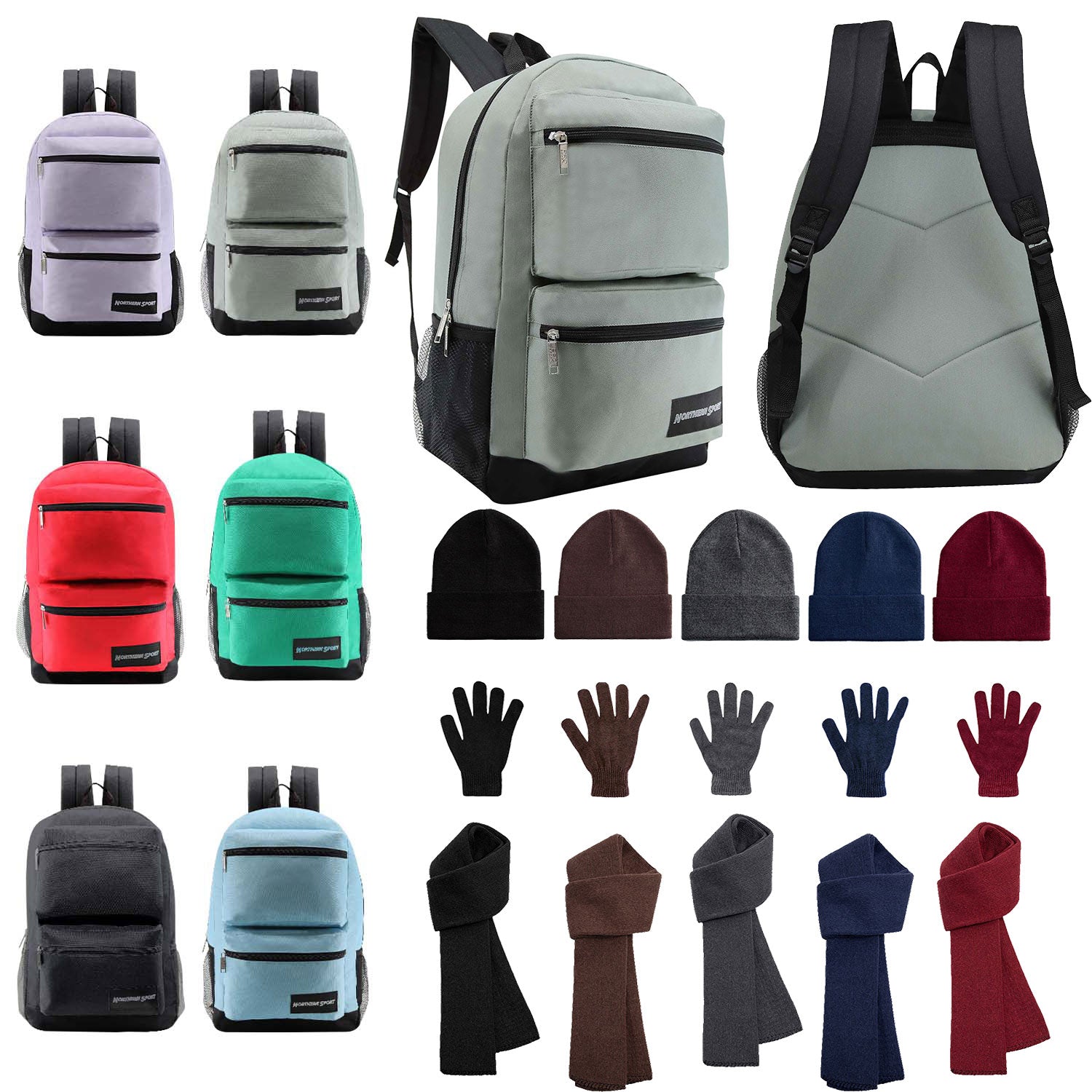 12 19" Premium 3 Zip Backpacks & Your Choice of 12 Bulk Winter Item Sets - Wholesale Care Package: Homeless, Emergency, Charity