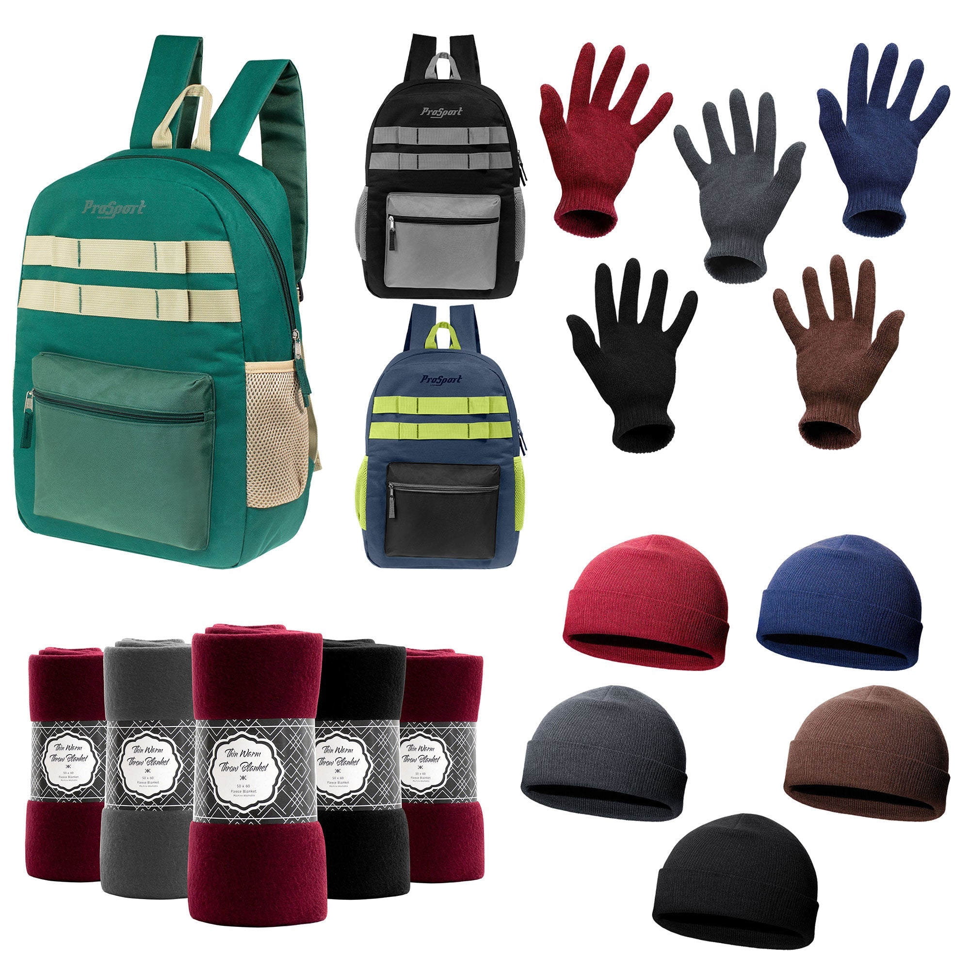 12 Multi-Color 17" Backpacks & Your Choice of 12 Winter Item Sets - Wholesale Care Package: Homeless, Emergency, Charity