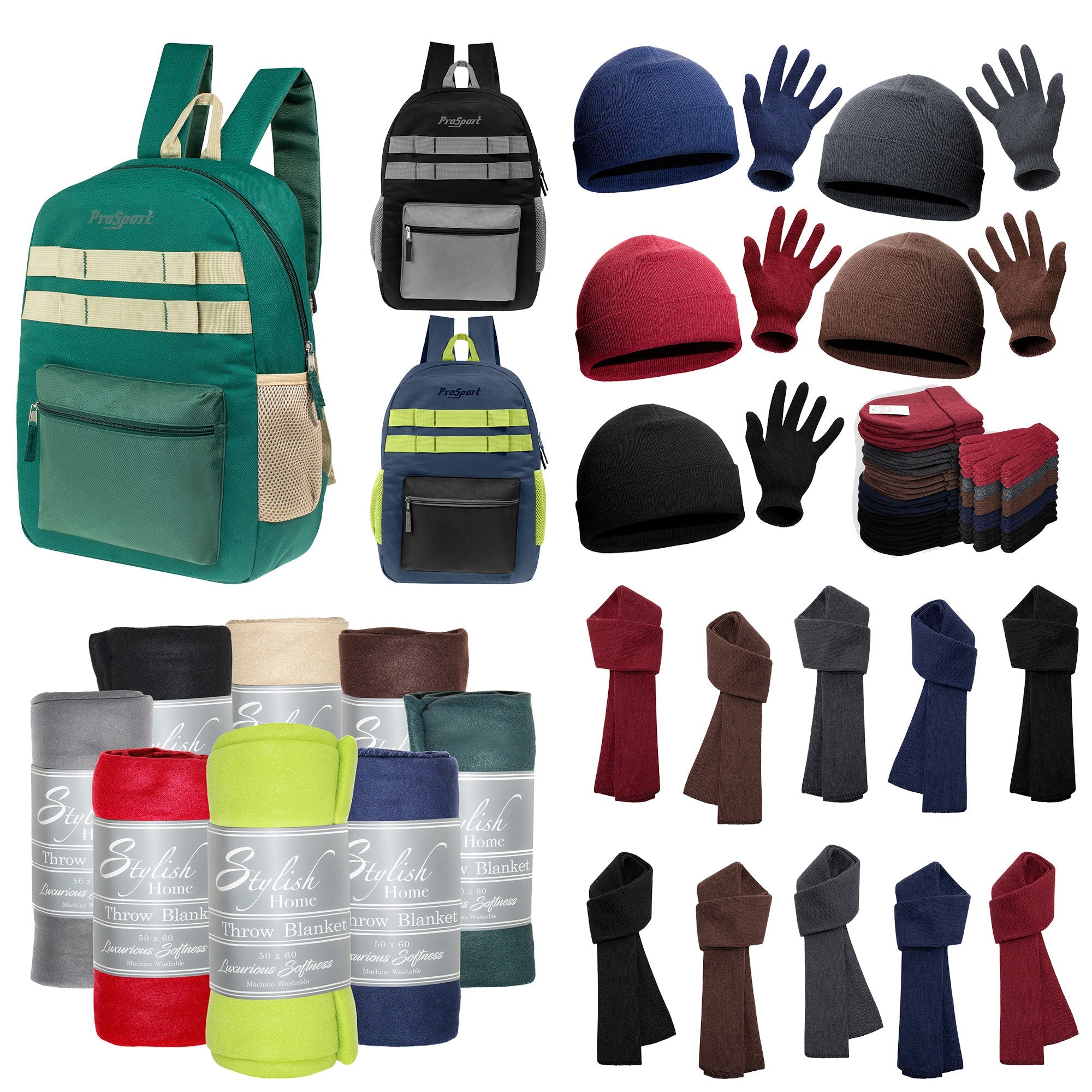 12 Multi-Color 17" Backpacks & Your Choice of 12 Winter Item Sets - Wholesale Care Package: Homeless, Emergency, Charity