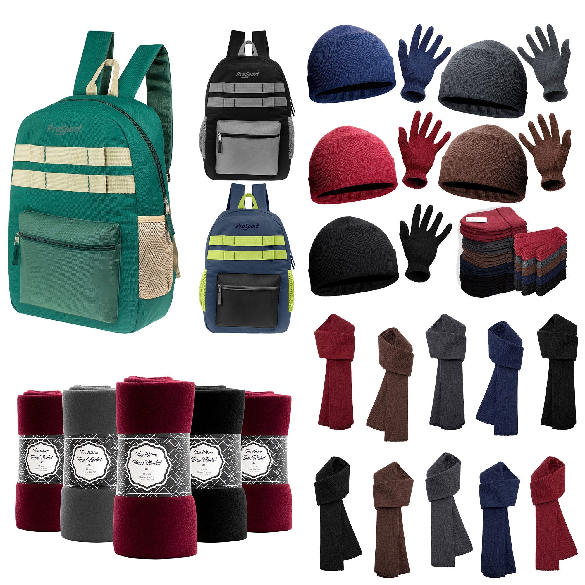 12 Multi-Color 17" Backpacks & Your Choice of 12 Winter Item Sets - Wholesale Care Package: Homeless, Emergency, Charity