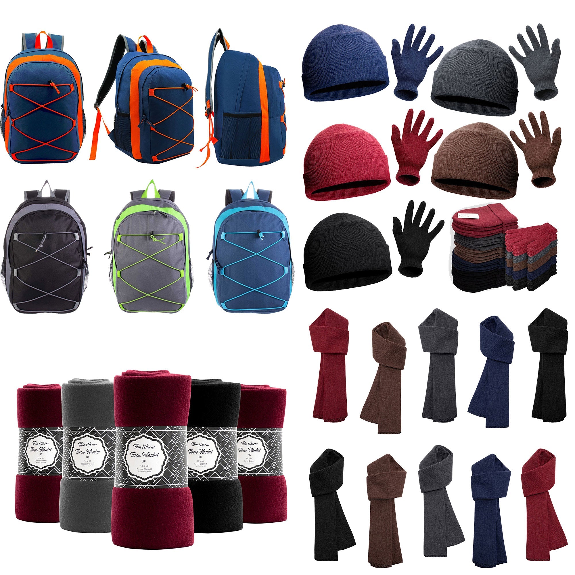 12 Bungee 17" Premium Backpacks & Your Choice of 12 Winter Item Sets - Wholesale Care Package: Homeless, Emergency, Charity