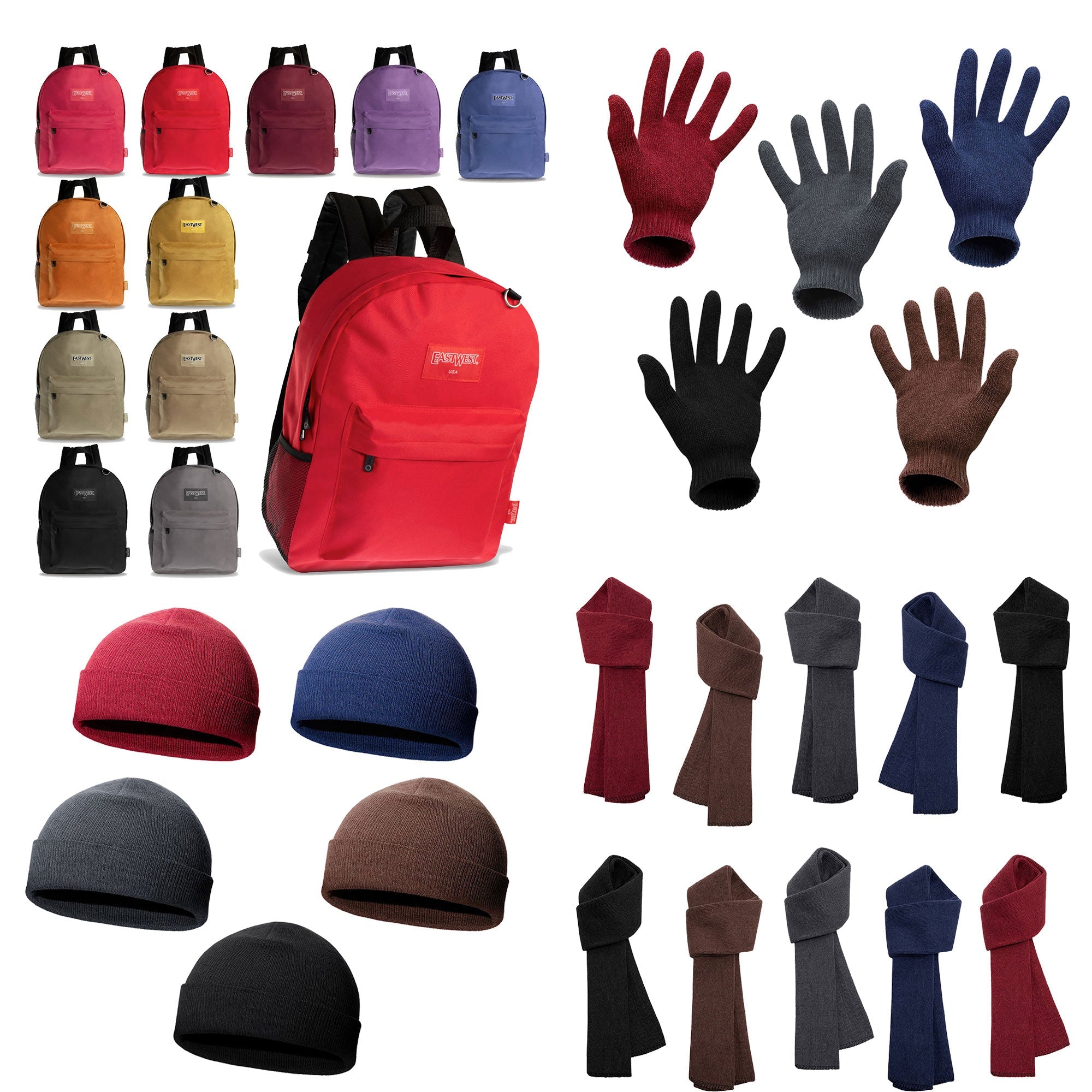 12 Solid Color 17" Backpacks & Your Choice of 12 Winter Item Sets - Wholesale Care Package: Homeless, Emergency, Charity