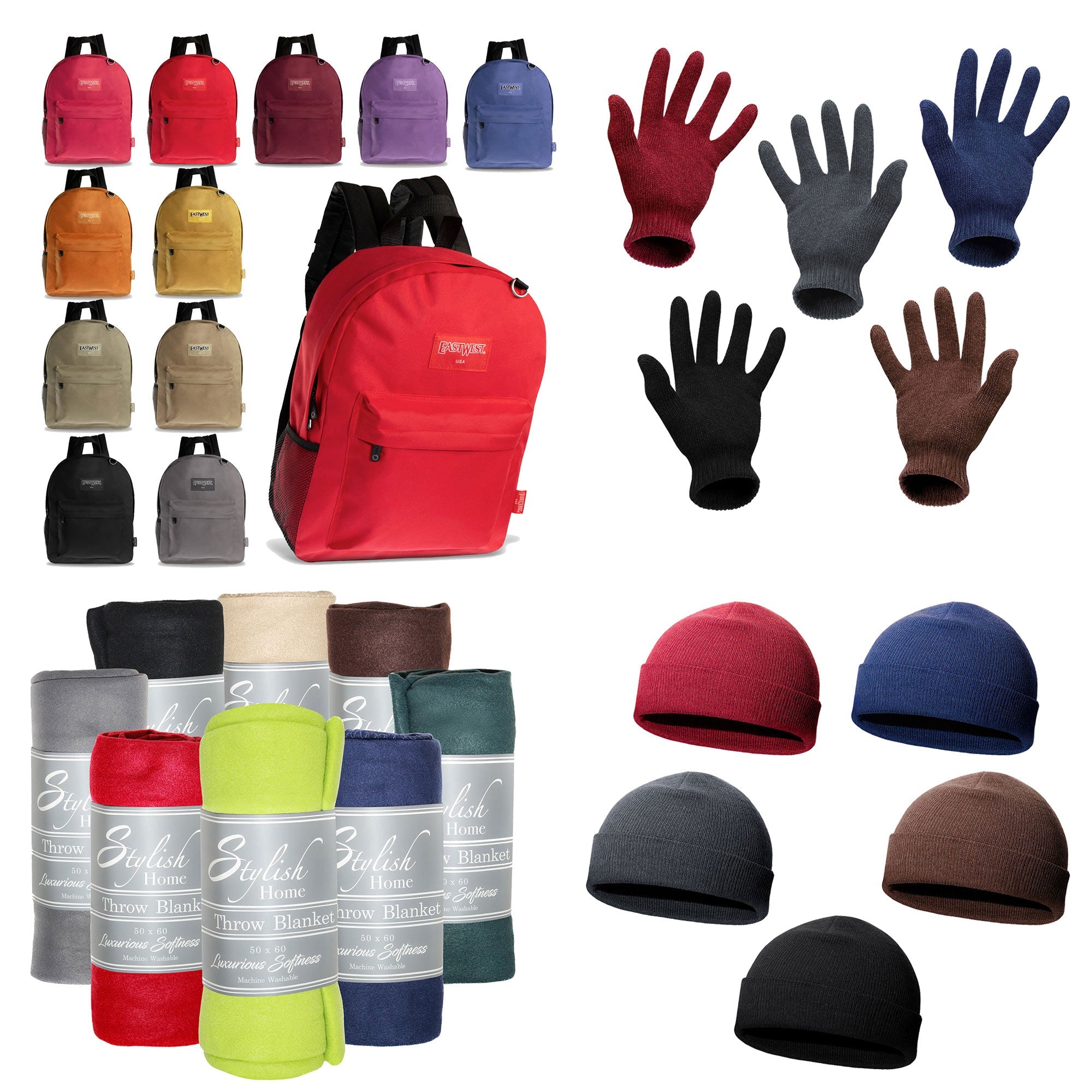 12 Solid Color 17" Backpacks & Your Choice of 12 Winter Item Sets - Wholesale Care Package: Homeless, Emergency, Charity