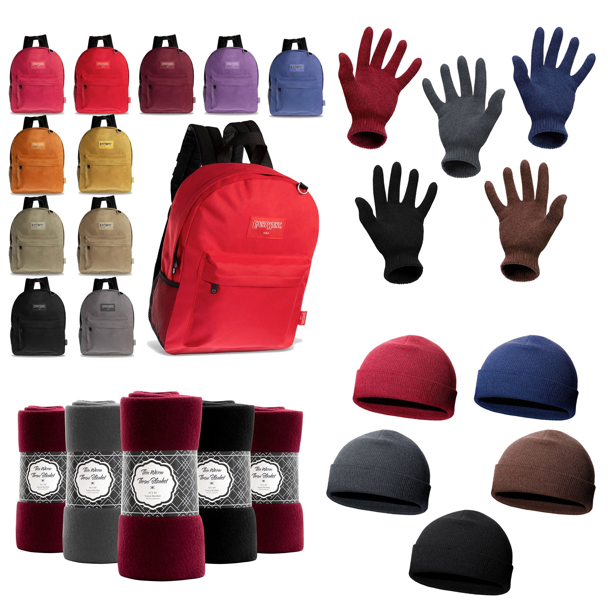 12 Solid Color 17" Backpacks & Your Choice of 12 Winter Item Sets - Wholesale Care Package: Homeless, Emergency, Charity