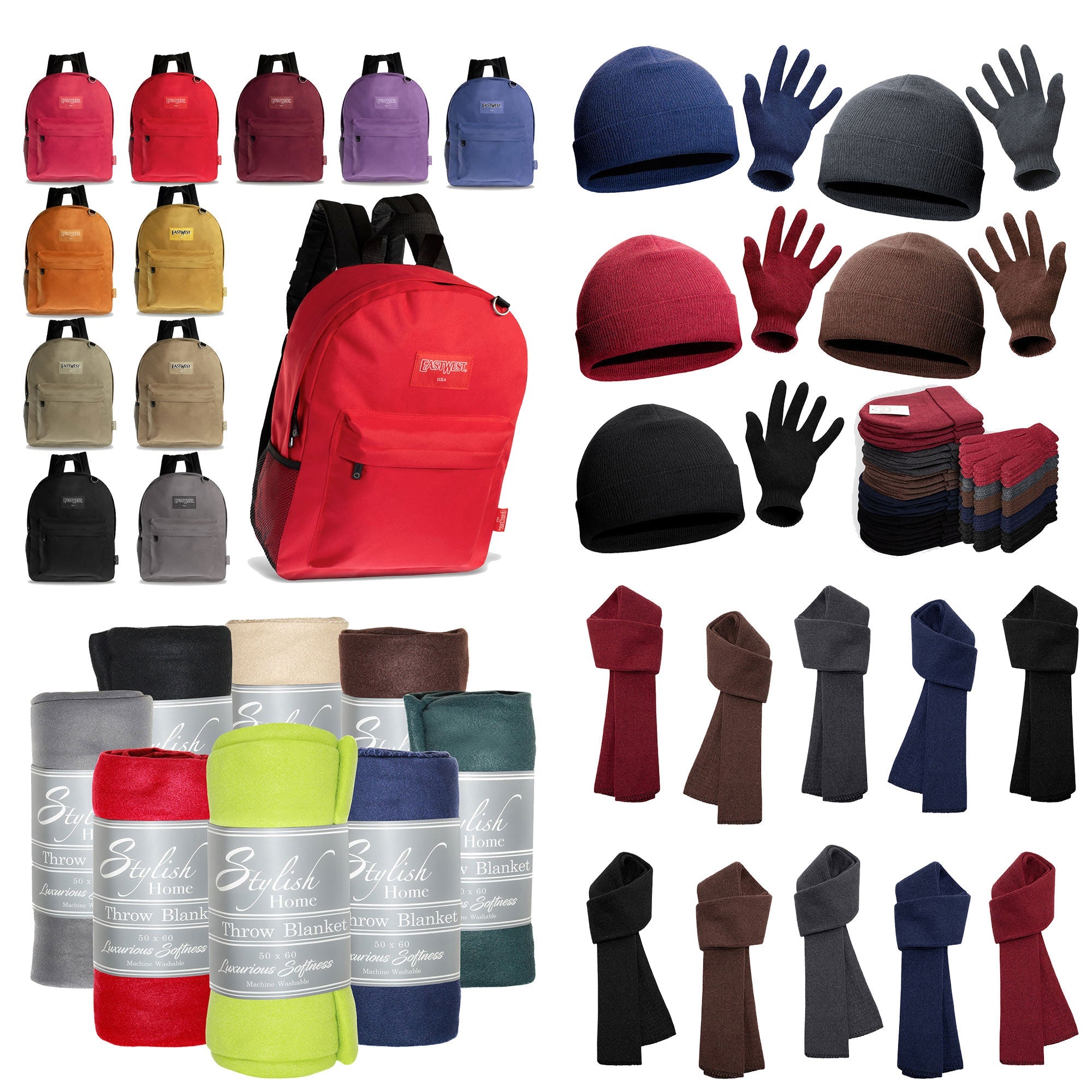 12 Solid Color 17" Backpacks & Your Choice of 12 Winter Item Sets - Wholesale Care Package: Homeless, Emergency, Charity