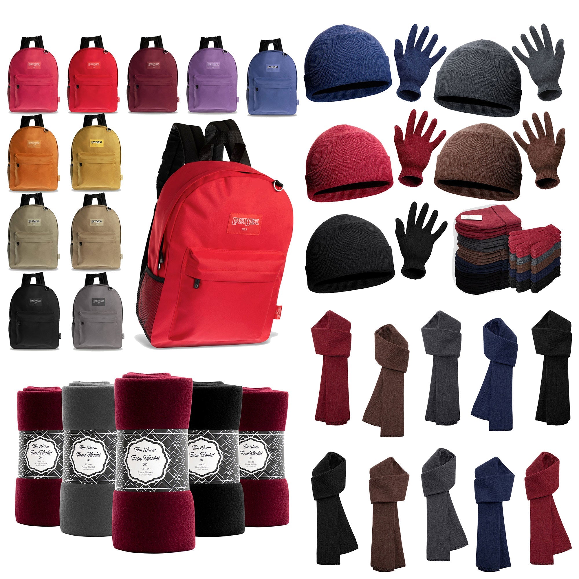 12 Solid Color 17" Backpacks & Your Choice of 12 Winter Item Sets - Wholesale Care Package: Homeless, Emergency, Charity