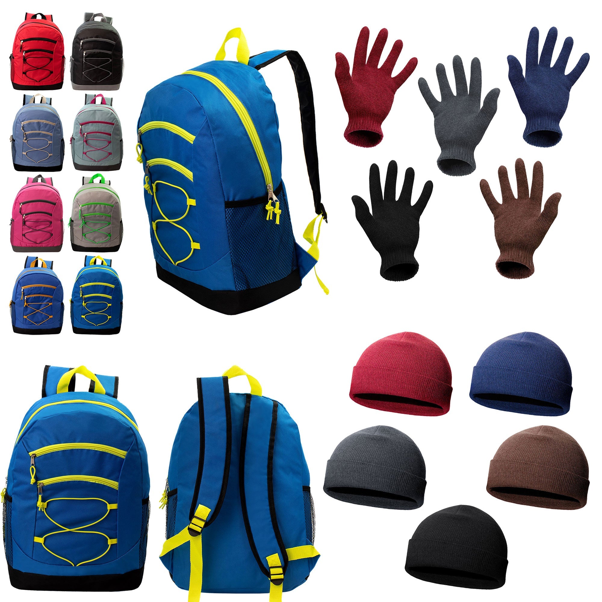 12 Bungee 17" Assorted Color Backpacks & Your Choice of 12 Winter Item Sets - Wholesale Care Package: Homeless, Emergency, Charity