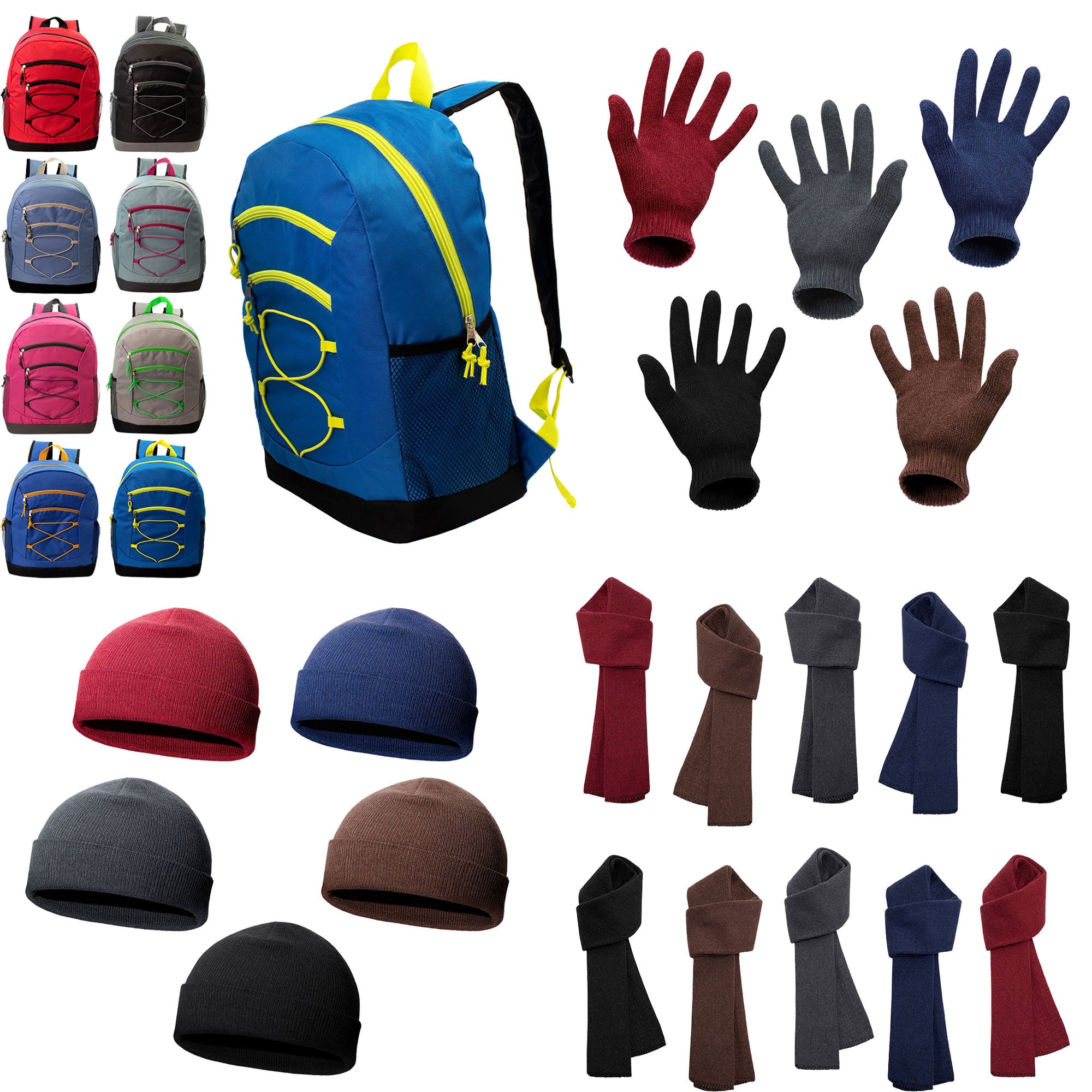 12 Bungee 17" Assorted Color Backpacks & Your Choice of 12 Winter Item Sets - Wholesale Care Package: Homeless, Emergency, Charity