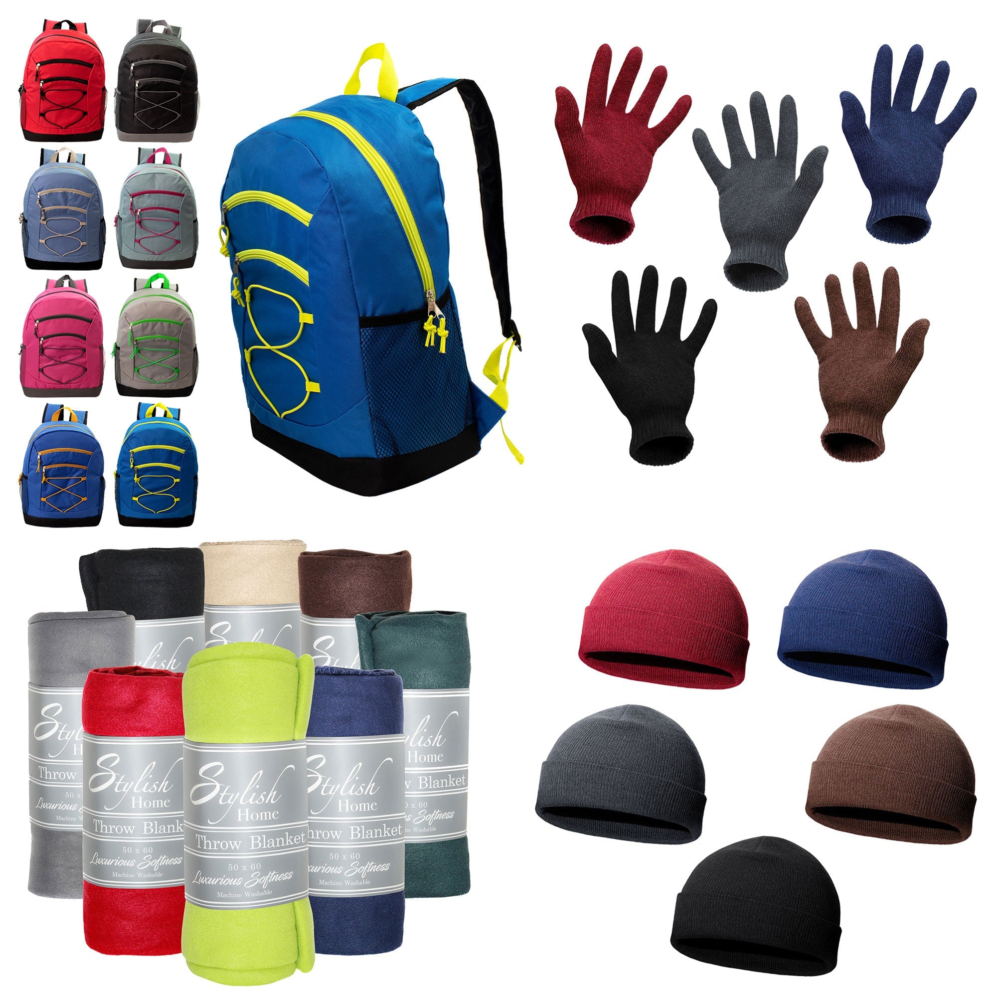 12 Bungee 17" Assorted Color Backpacks & Your Choice of 12 Winter Item Sets - Wholesale Care Package: Homeless, Emergency, Charity