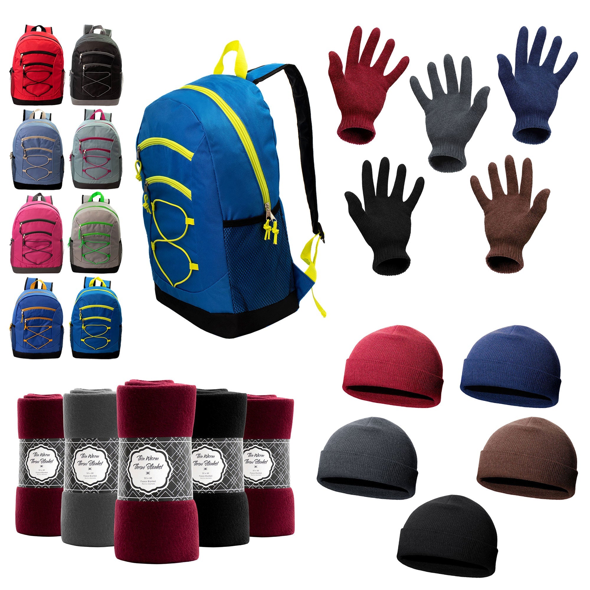 12 Bungee 17" Assorted Color Backpacks & Your Choice of 12 Winter Item Sets - Wholesale Care Package: Homeless, Emergency, Charity