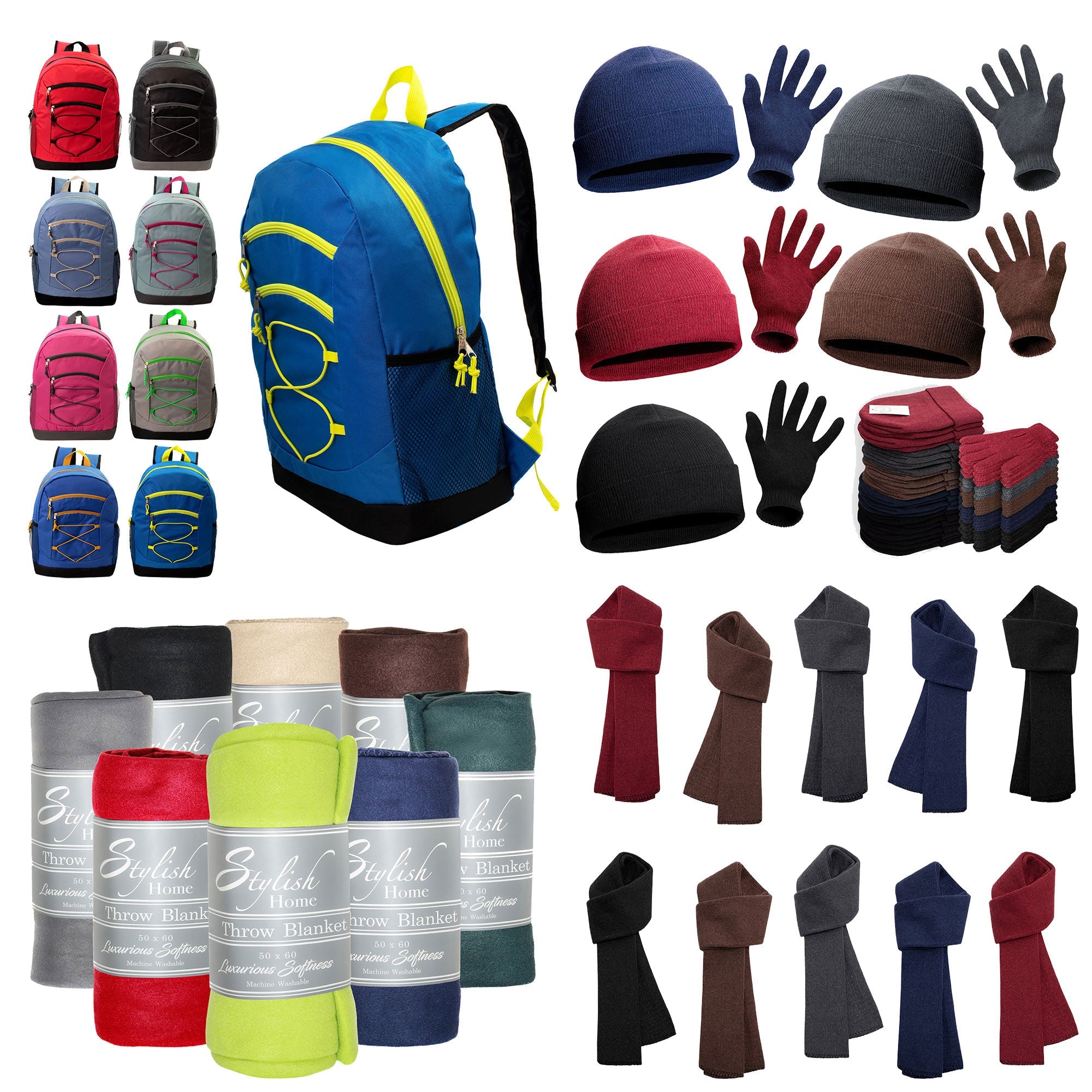 12 Bungee 17" Assorted Color Backpacks & Your Choice of 12 Winter Item Sets - Wholesale Care Package: Homeless, Emergency, Charity