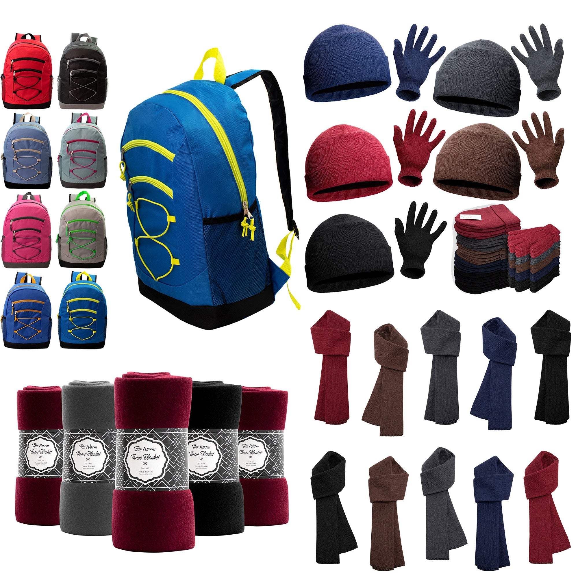 12 Bungee 17" Assorted Color Backpacks & Your Choice of 12 Winter Item Sets - Wholesale Care Package: Homeless, Emergency, Charity