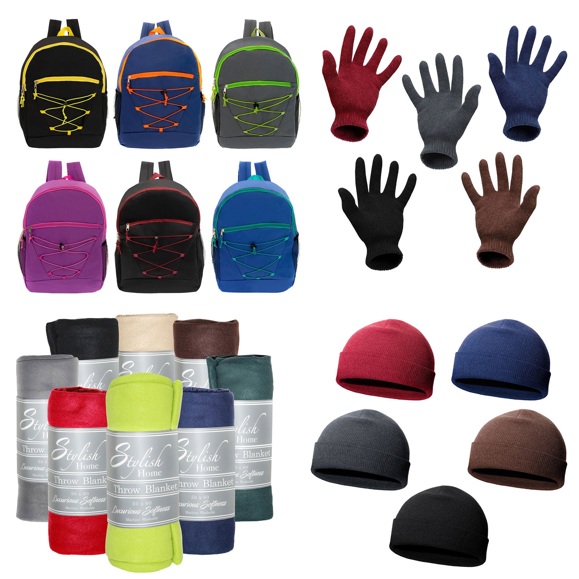 12 Bungee 17" Backpacks in 6 Colors & Your Choice of 12 Winter Item Sets - Wholesale Care Package: Homeless, Emergency, Charity