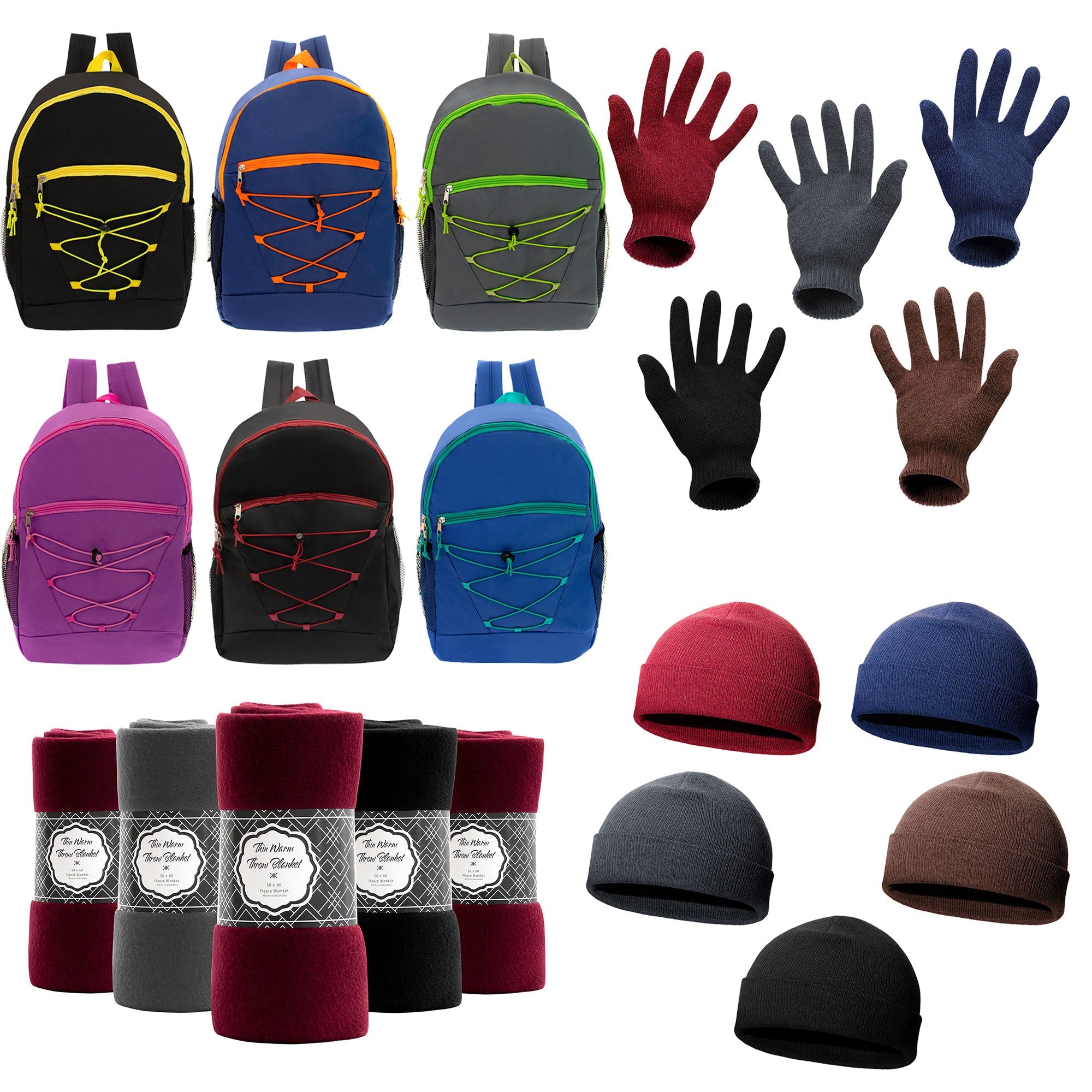 12 Bungee 17" Backpacks in 6 Colors & Your Choice of 12 Winter Item Sets - Wholesale Care Package: Homeless, Emergency, Charity