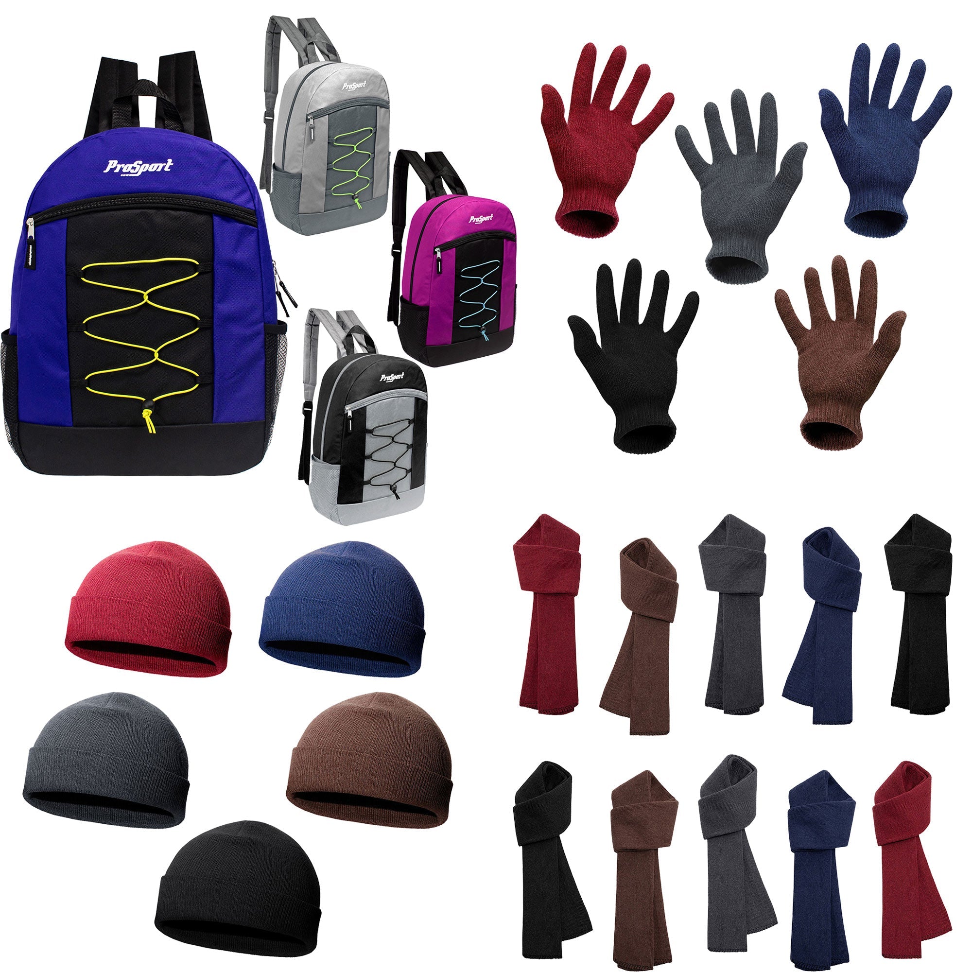 12 Bungee 17" Multi-Color Backpacks & Your Choice of 12 Winter Item Sets - Wholesale Care Package: Homeless, Emergency, Charity