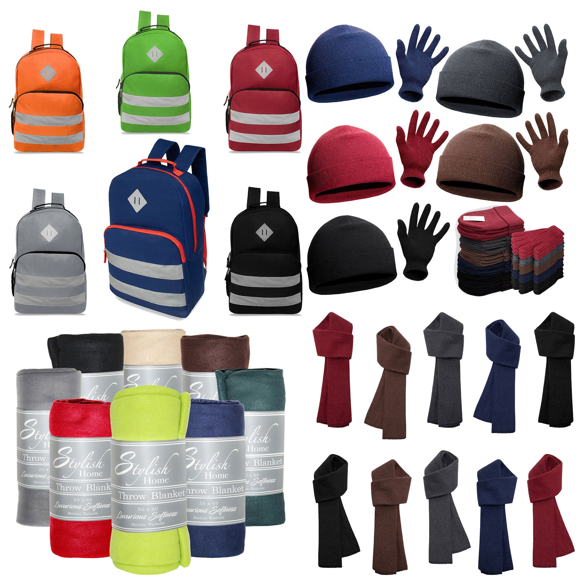 12 Reflective Stripe 17" Backpacks & Your Choice of 12 Winter Item Sets - Wholesale Care Package: Homeless, Emergency, Charity