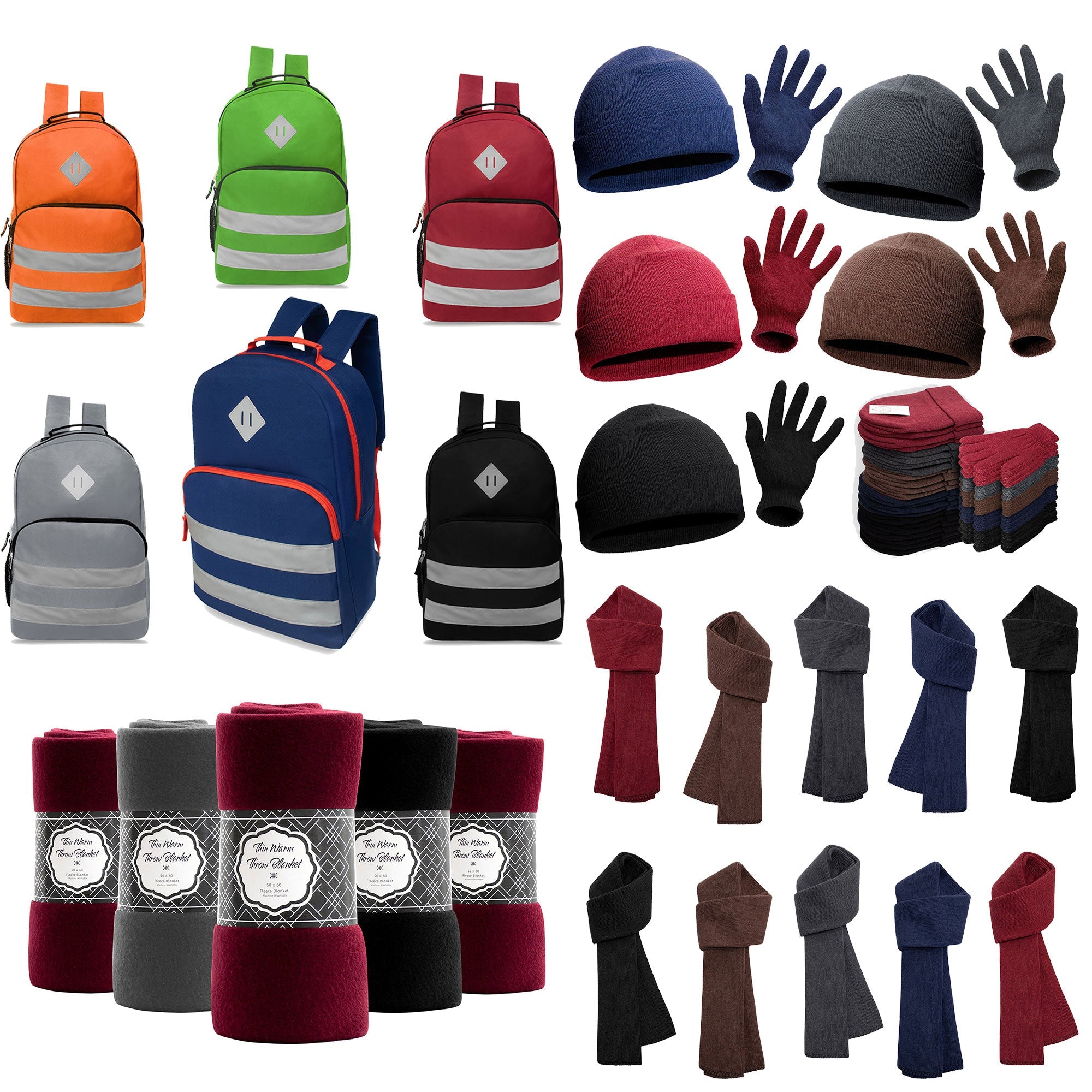 12 Reflective Stripe 17" Backpacks & Your Choice of 12 Winter Item Sets - Wholesale Care Package: Homeless, Emergency, Charity