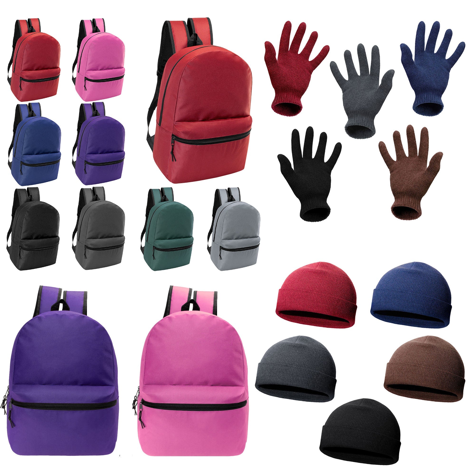 12 Basic 17" Backpacks in 8 Colors & Your Choice of 12 Winter Item Sets - Wholesale Care Package: Homeless, Emergency, Charity