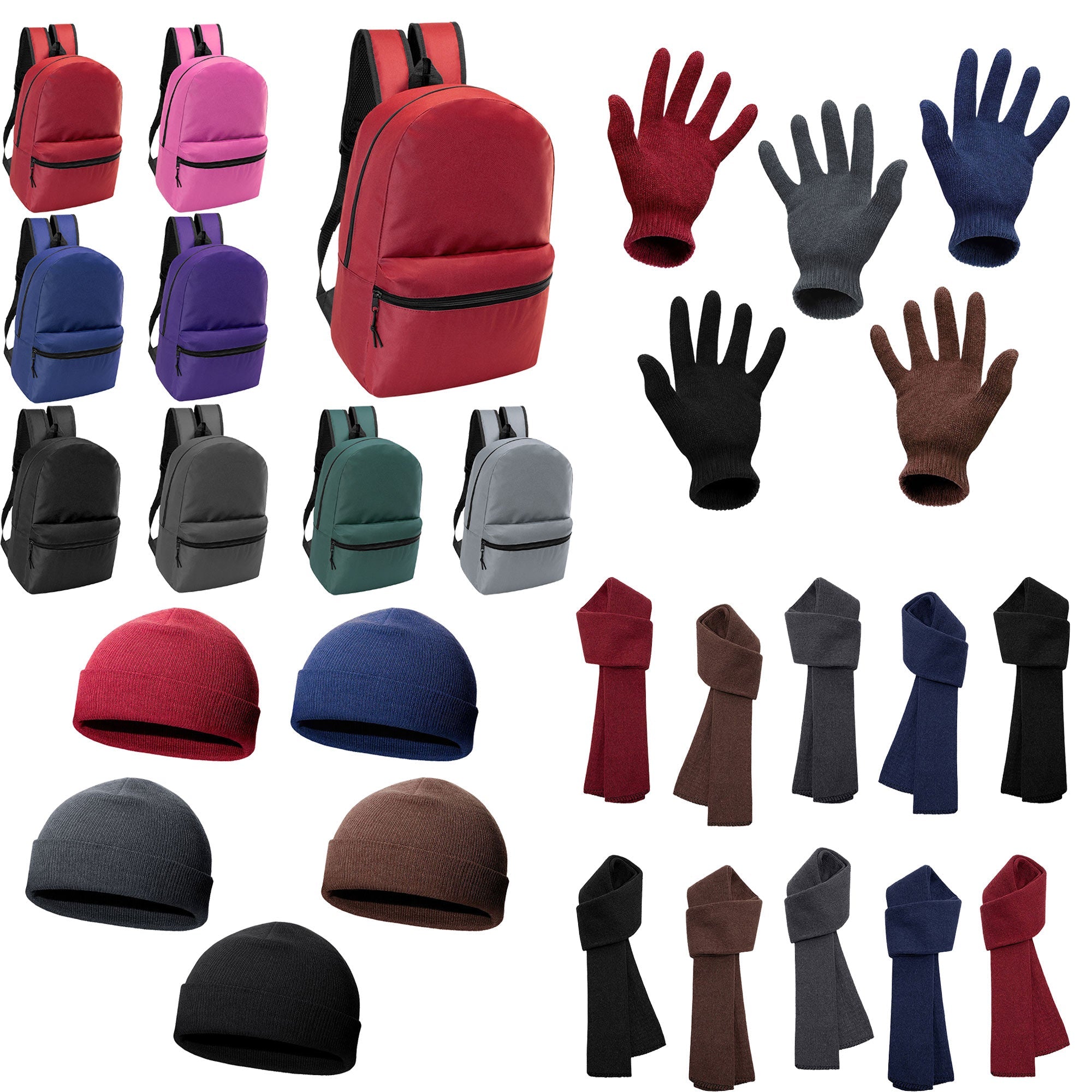 12 Basic 17" Backpacks in 8 Colors & Your Choice of 12 Winter Item Sets - Wholesale Care Package: Homeless, Emergency, Charity