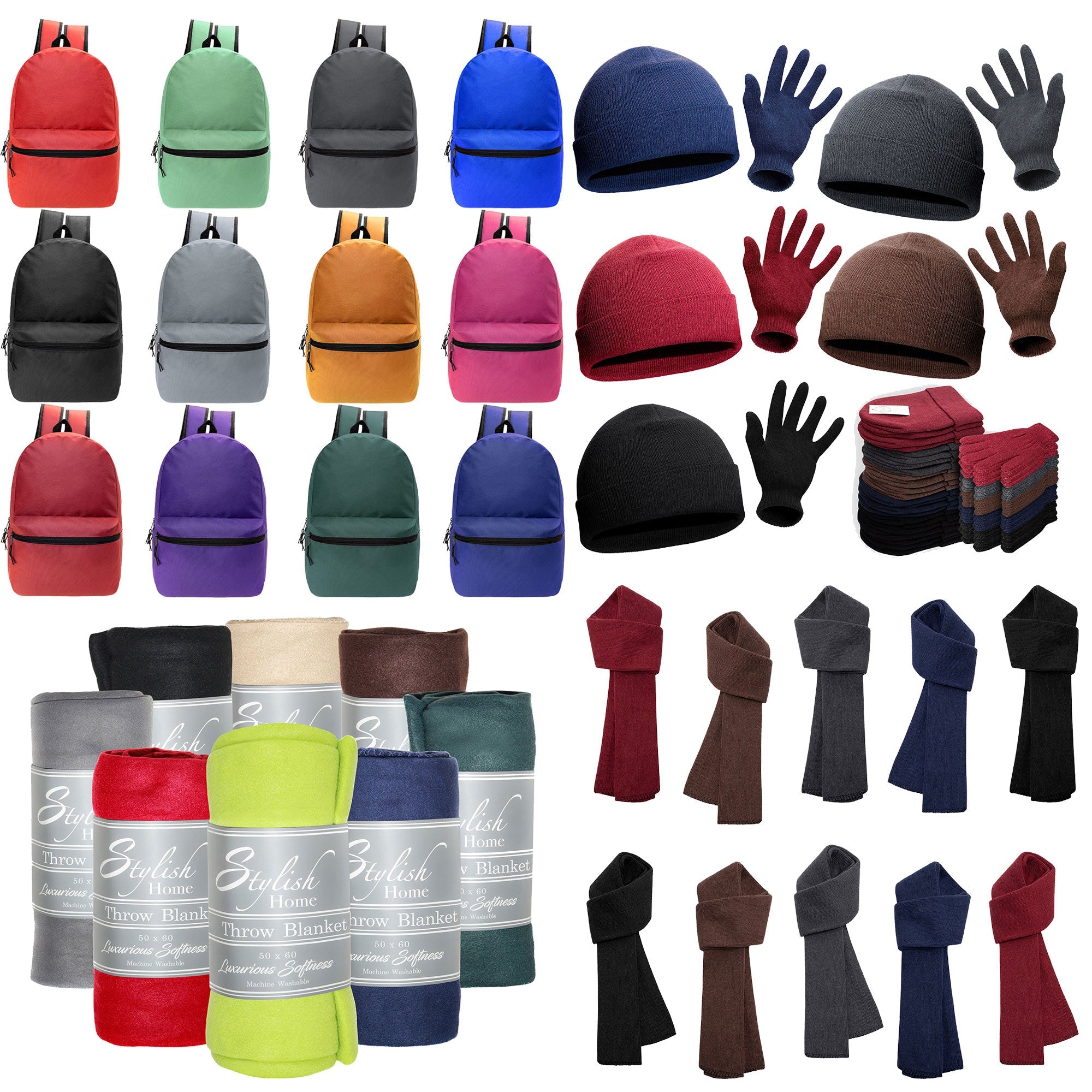 12 Wholesale 18.5" Basic Backpacks in 12 Colors & Your Choice of 12 Winter Item Sets - Wholesale Care Package: Homeless, Emergency, Charity