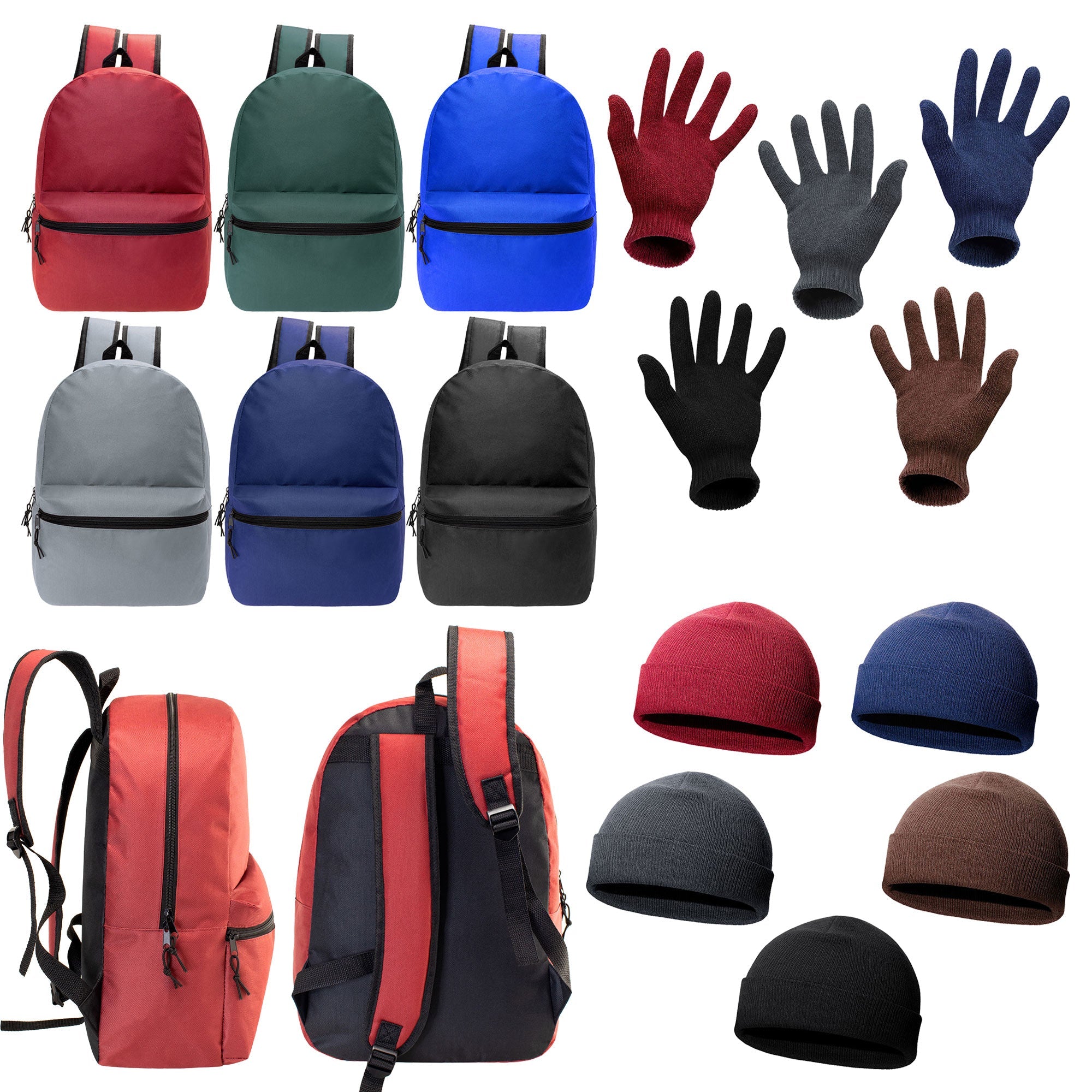 12 Wholesale 18.5" Basic Backpacks in 6 Colors & Your Choice of 12 Winter Item Sets - Wholesale Care Package: Homeless, Emergency, Charity