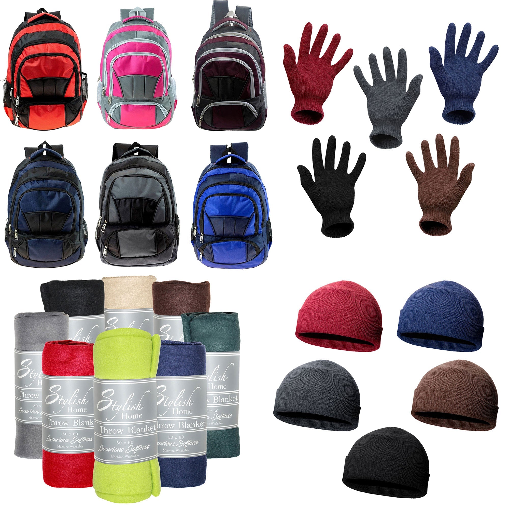 12 Premium 16" Backpacks & Your Choice of 12 Bulk Winter Item Sets - Wholesale Care Package: Homeless, Emergency, Charity