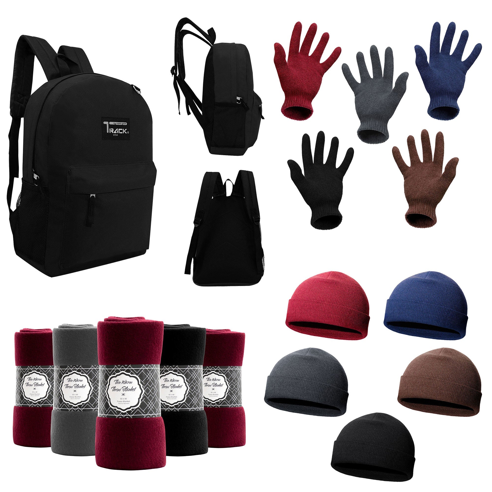 12 Black 17" Backpacks & Your Choice of 12 Winter Item Sets - Wholesale Care Package: Homeless, Emergency, Charity