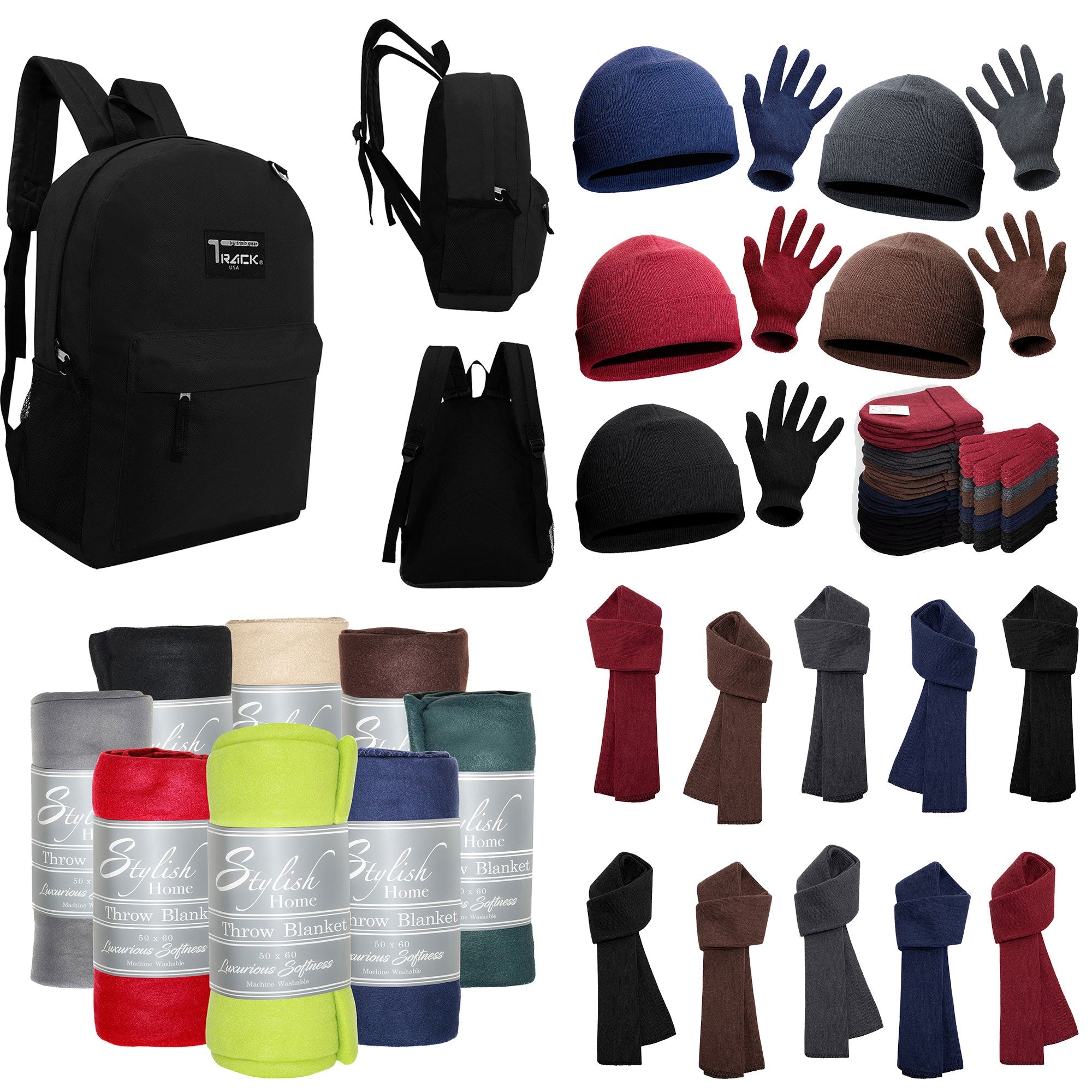 12 Black 17" Backpacks & Your Choice of 12 Winter Item Sets - Wholesale Care Package: Homeless, Emergency, Charity