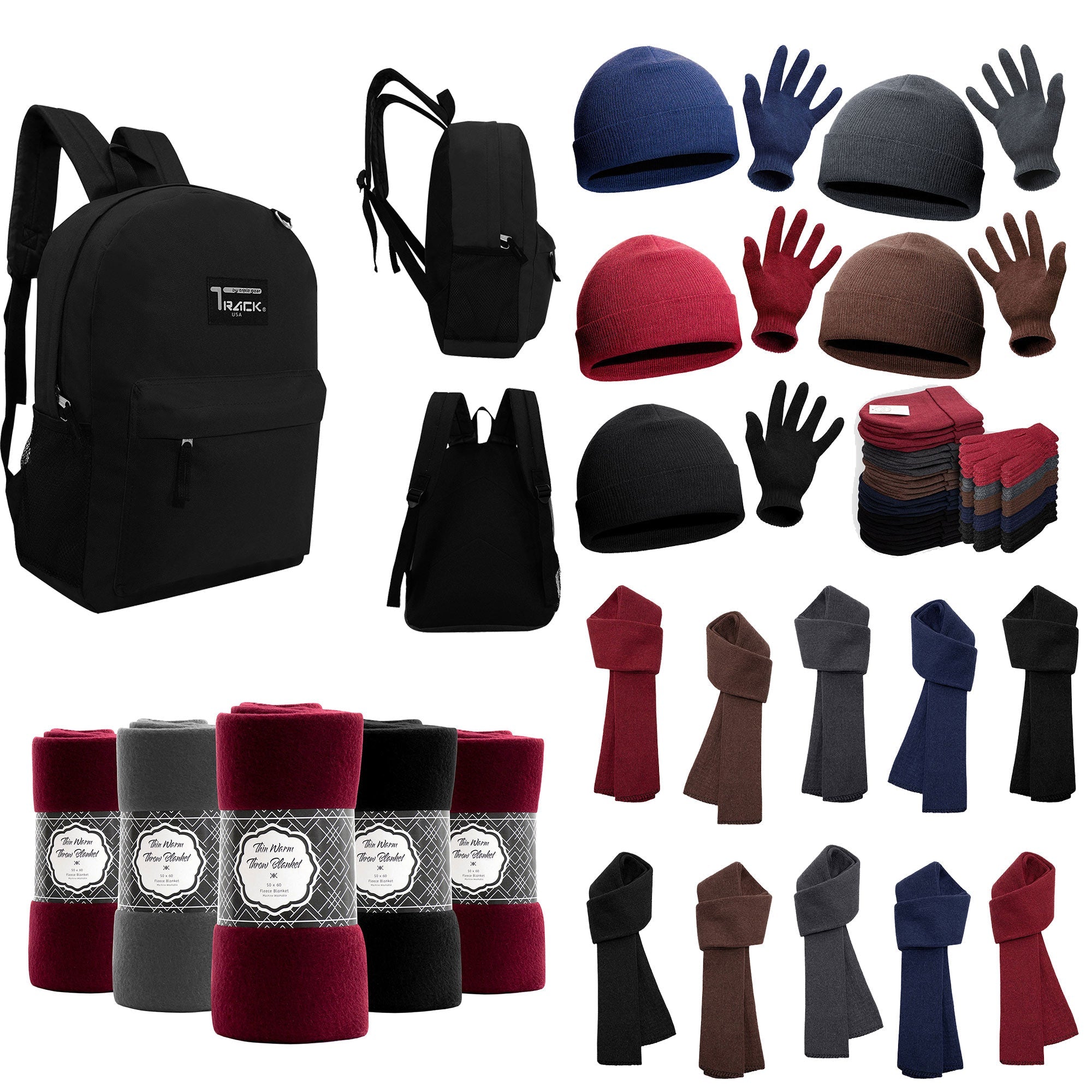 12 Black 17" Backpacks & Your Choice of 12 Winter Item Sets - Wholesale Care Package: Homeless, Emergency, Charity