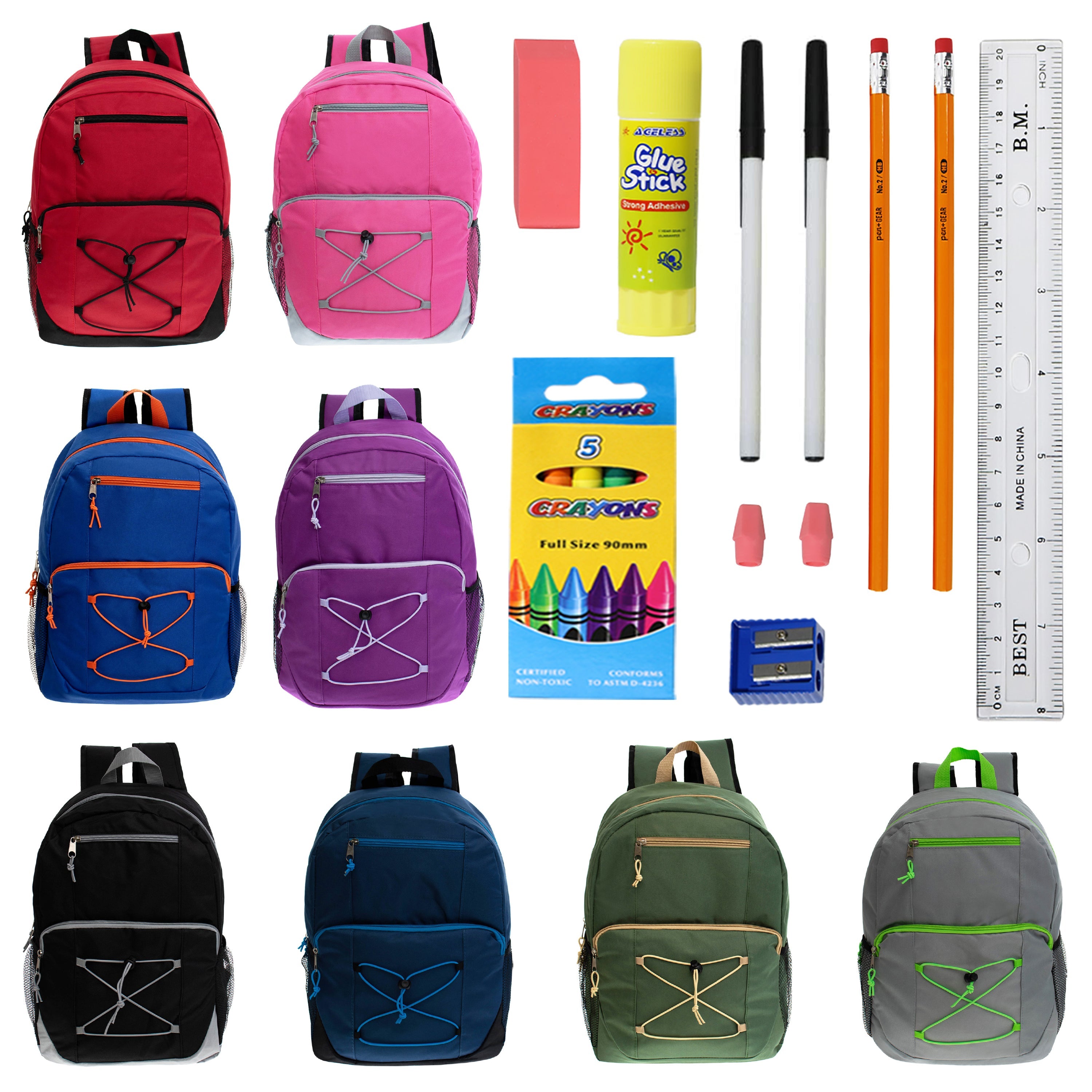 17 Inch Bulk Backpacks in Assorted Colors with School Supply Kits Wholesale - Kit of 12