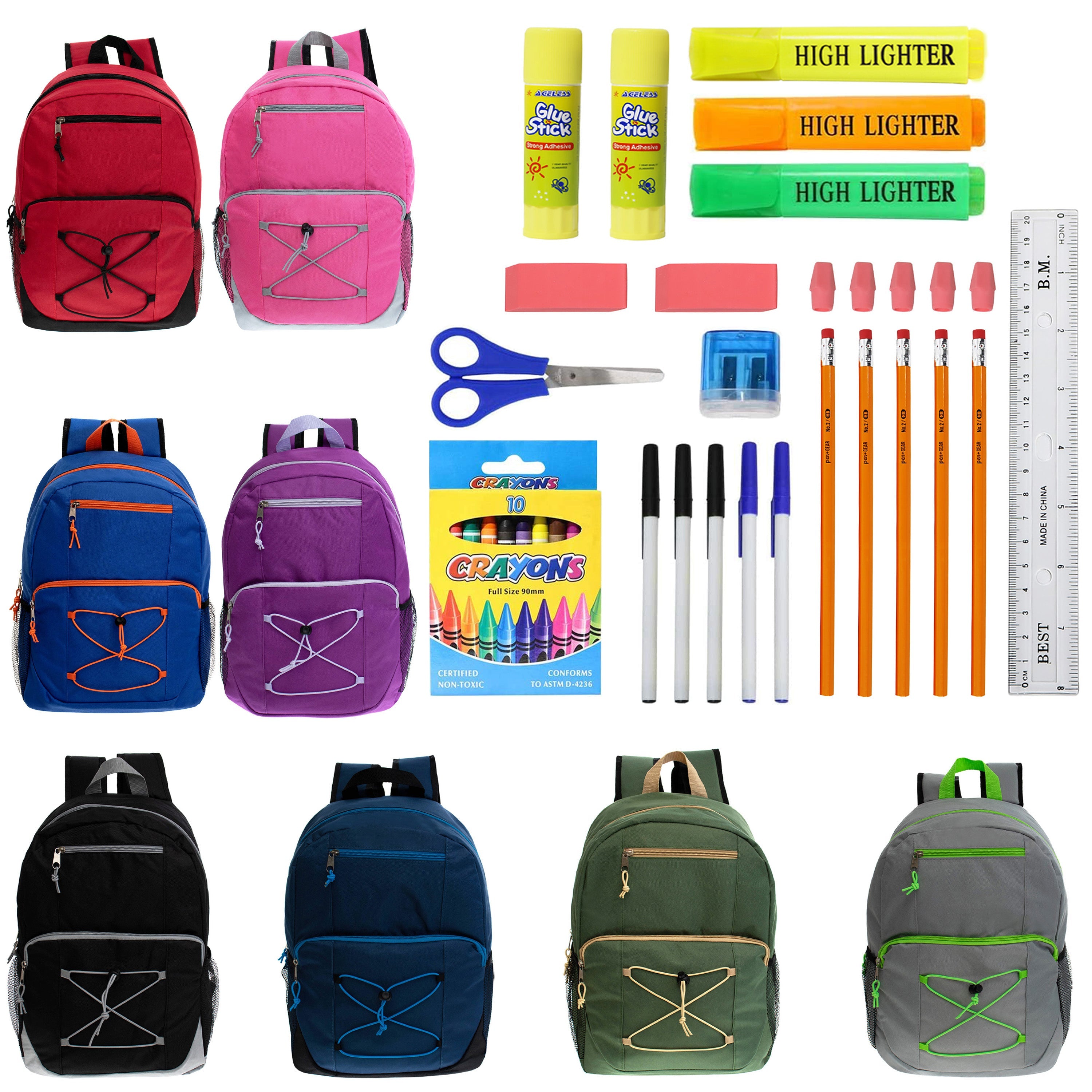 17 Inch Bulk Backpacks in Assorted Colors with School Supply Kits Wholesale - Kit of 12